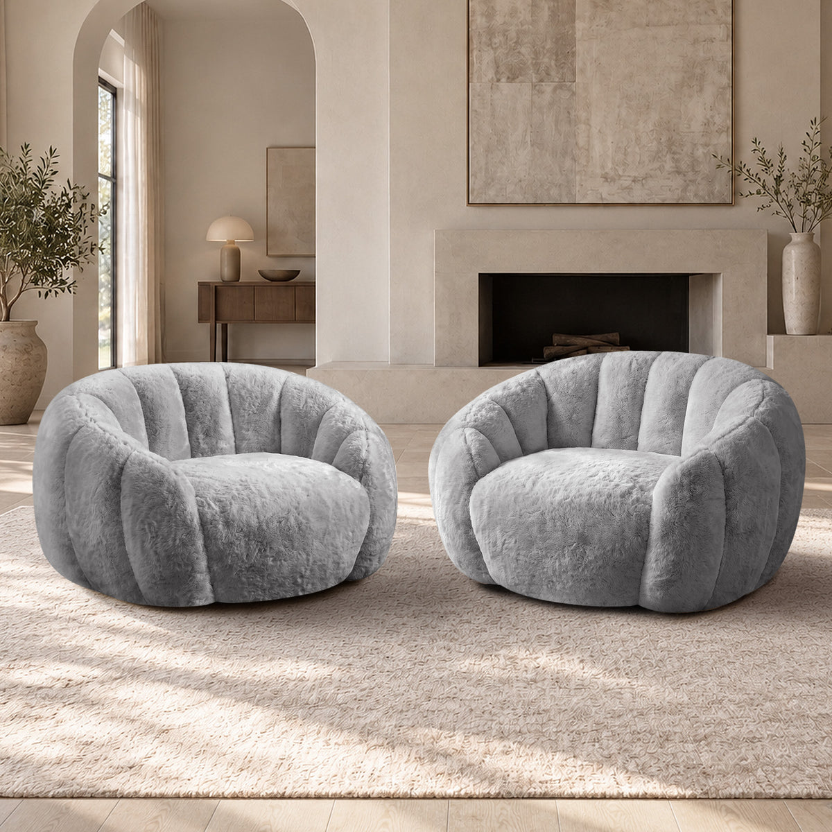 Oikiture 2x Bean Bag Chair Floor Lounge Lazy Sofa Faux Rabbit Fleece Grey - Sunyee