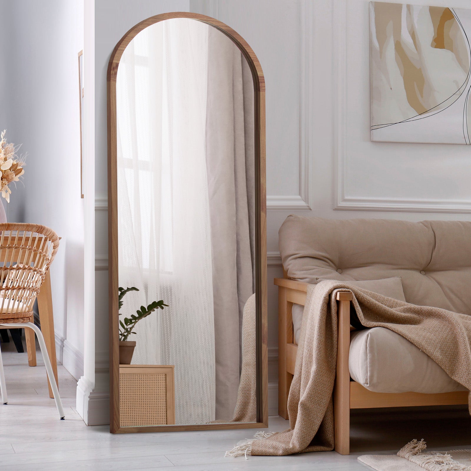 Oikiture Wooden Full Length Mirror 166x60cm Arched Dressing Floor Mirrors Brown - Sunyee