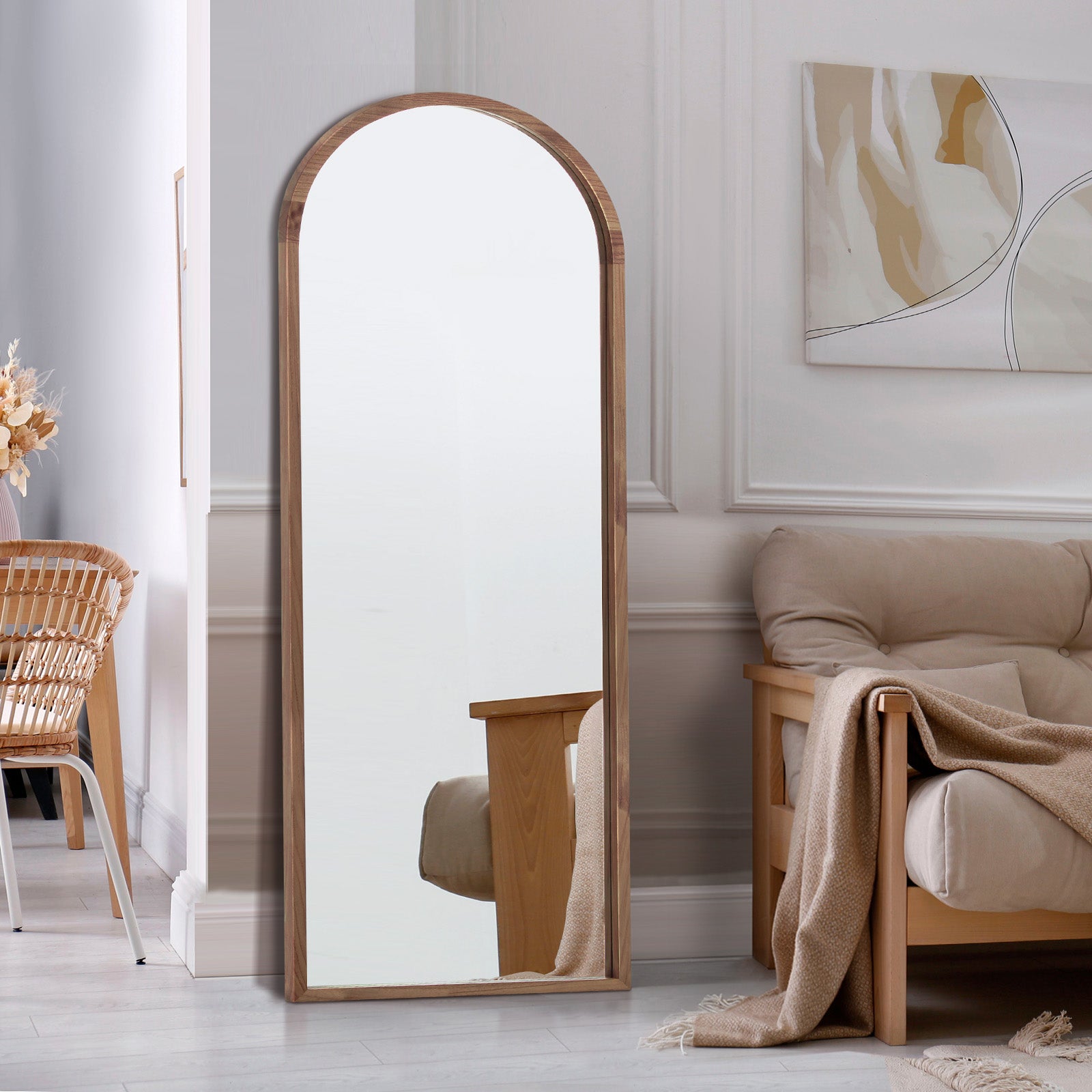 Oikiture Wooden Full Length Mirror 180x70cm Arched Dressing Floor Mirrors Brown - Sunyee
