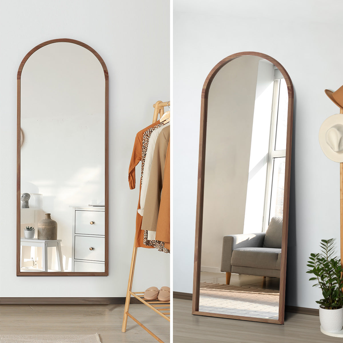Oikiture Wooden Full Length Mirror 180x70cm Arched Dressing Floor Mirrors Brown - Sunyee