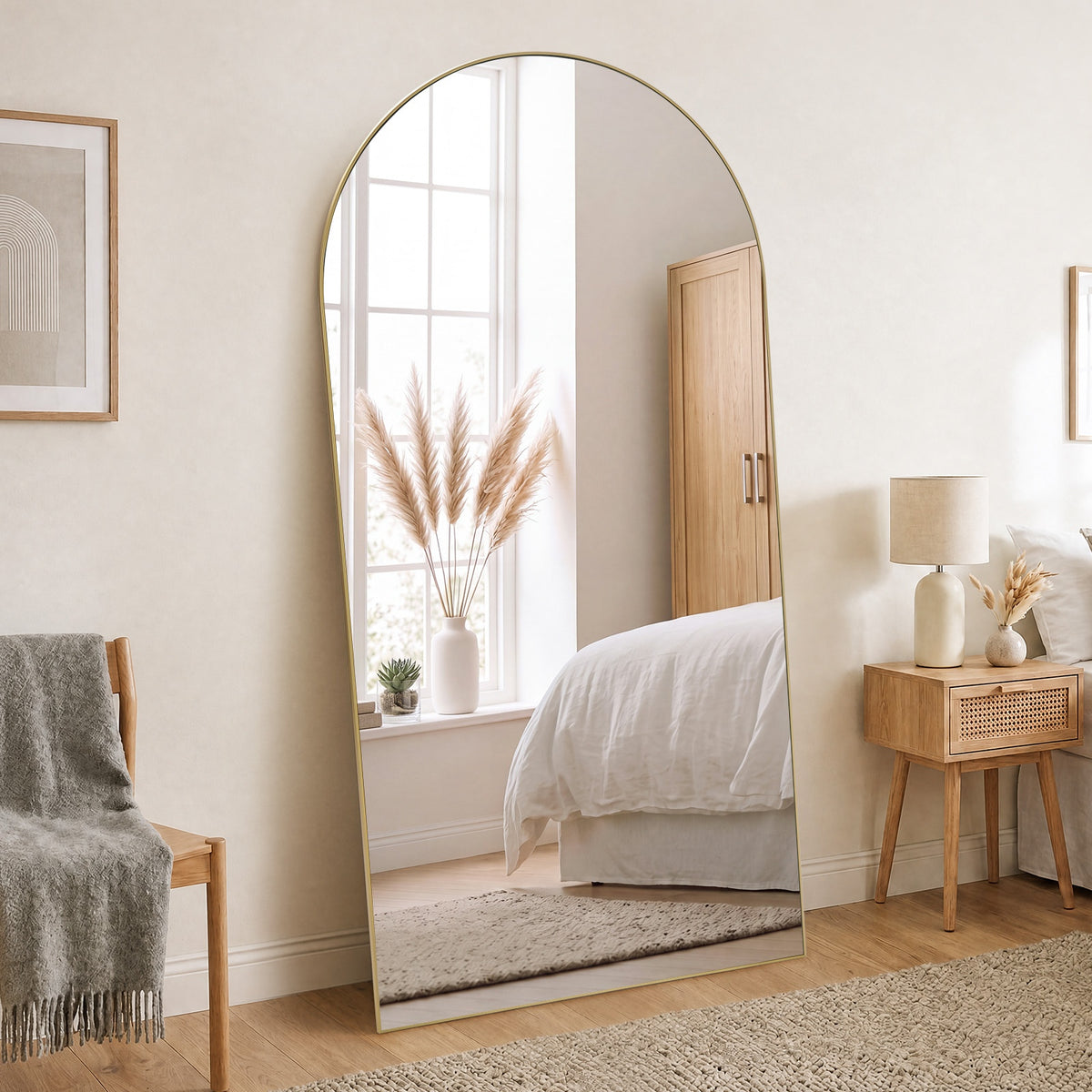 Oikiture Arched Full Length Mirror Large Body Mirror Floor Wall 200cm Gold
