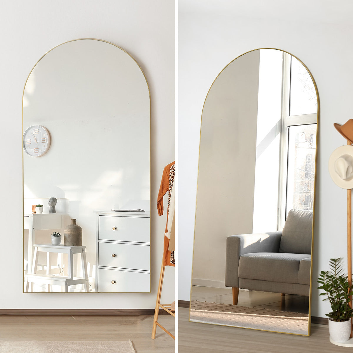Oikiture Arched Full Length Mirror Large Body Mirror Floor Wall 200cm Gold