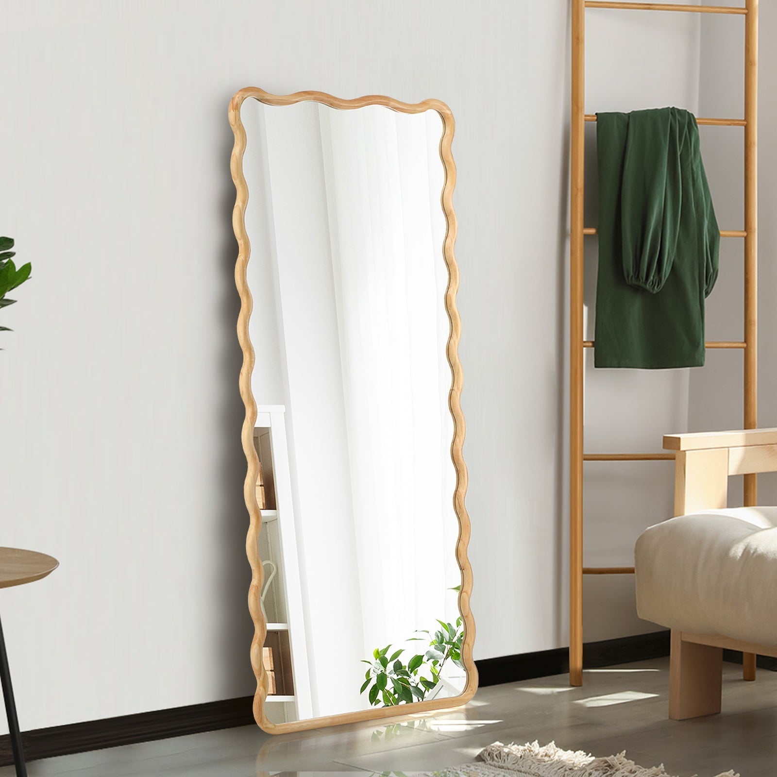 Oikiture Wooden Full Length Mirror 165x60cm Wavy Dressing Floor Mirrors - Sunyee