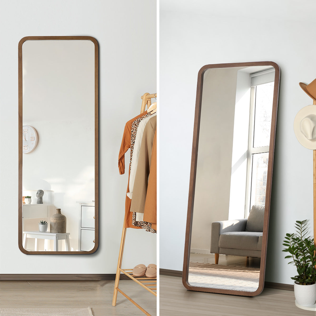 Oikiture Full Length Mirror 166x60cm Rectangle Dressing Floor Mirrors Walnut - Sunyee