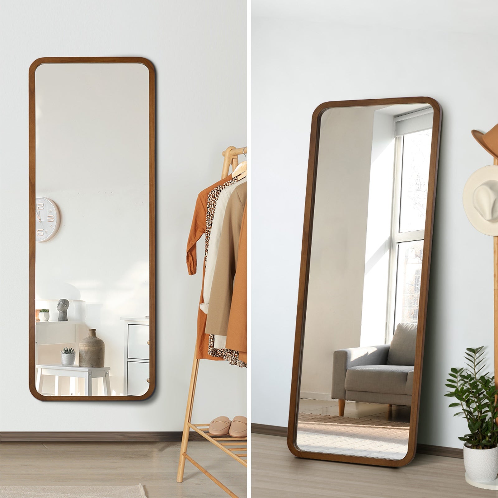 Oikiture Full Length Mirror 166x60cm Rectangle Dressing Floor Mirrors Walnut - Sunyee