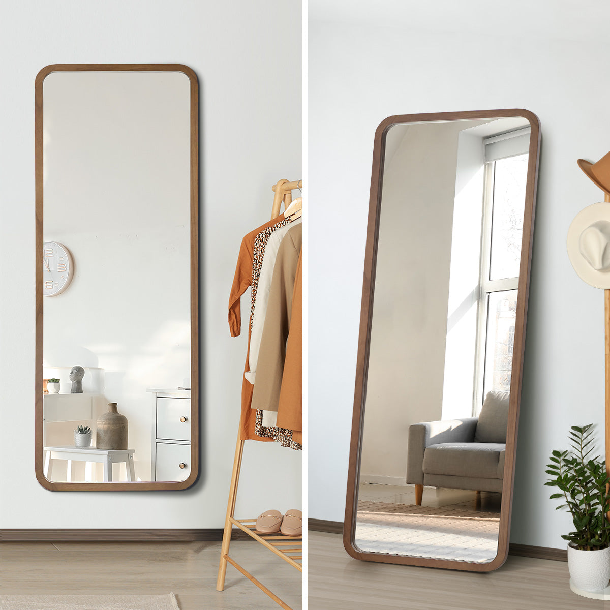 Oikiture Full Length Mirror 180x70cm Rectangle Dressing Floor Mirrors Walnut - Sunyee