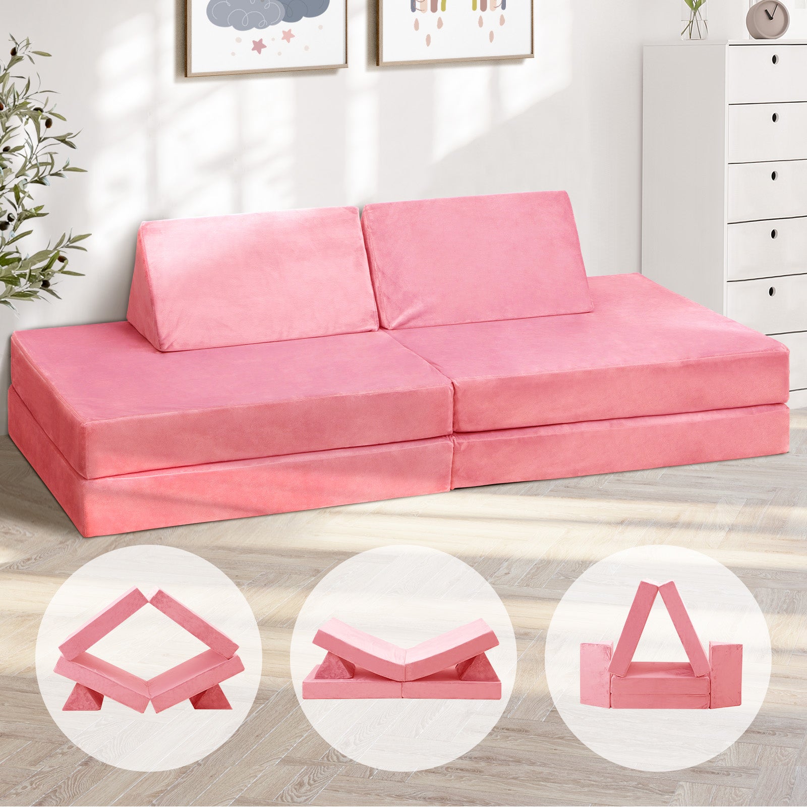 Oikiture 4Pcs Kids Play Couch Modular Lounge Cushion Convertible Playset Pink - Sunyee