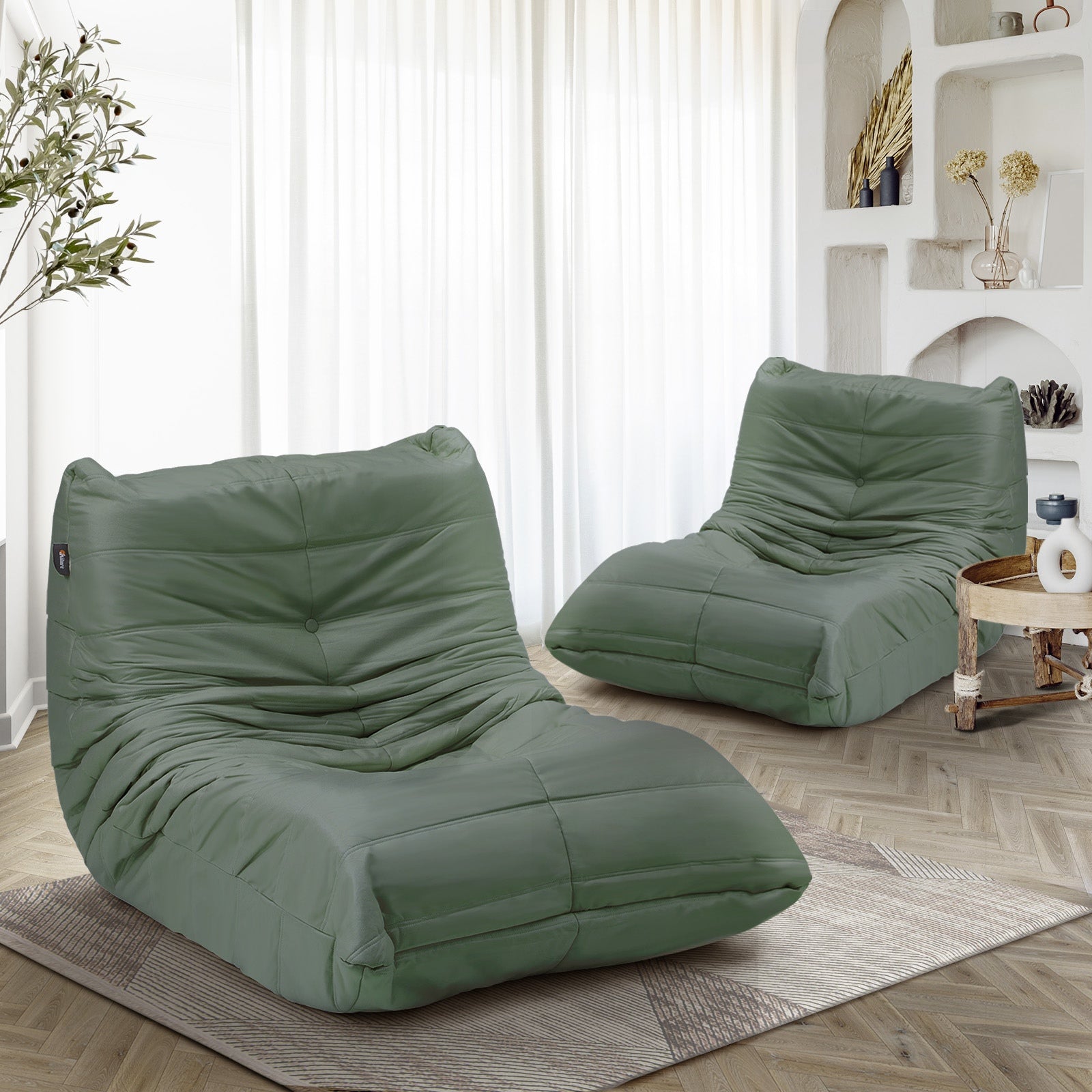 Oikiture 2X Floor Sofa Lounge Caterpillar Lazy Couch Single Chair Pouffe Green - Sunyee