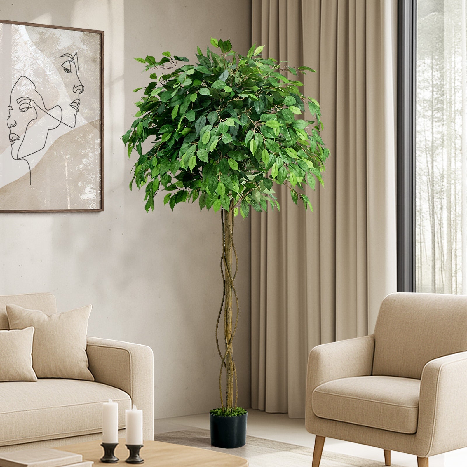 Livsip 180cm Artificial Ficus Tree Realistic Potted Faux Plant Home Decor