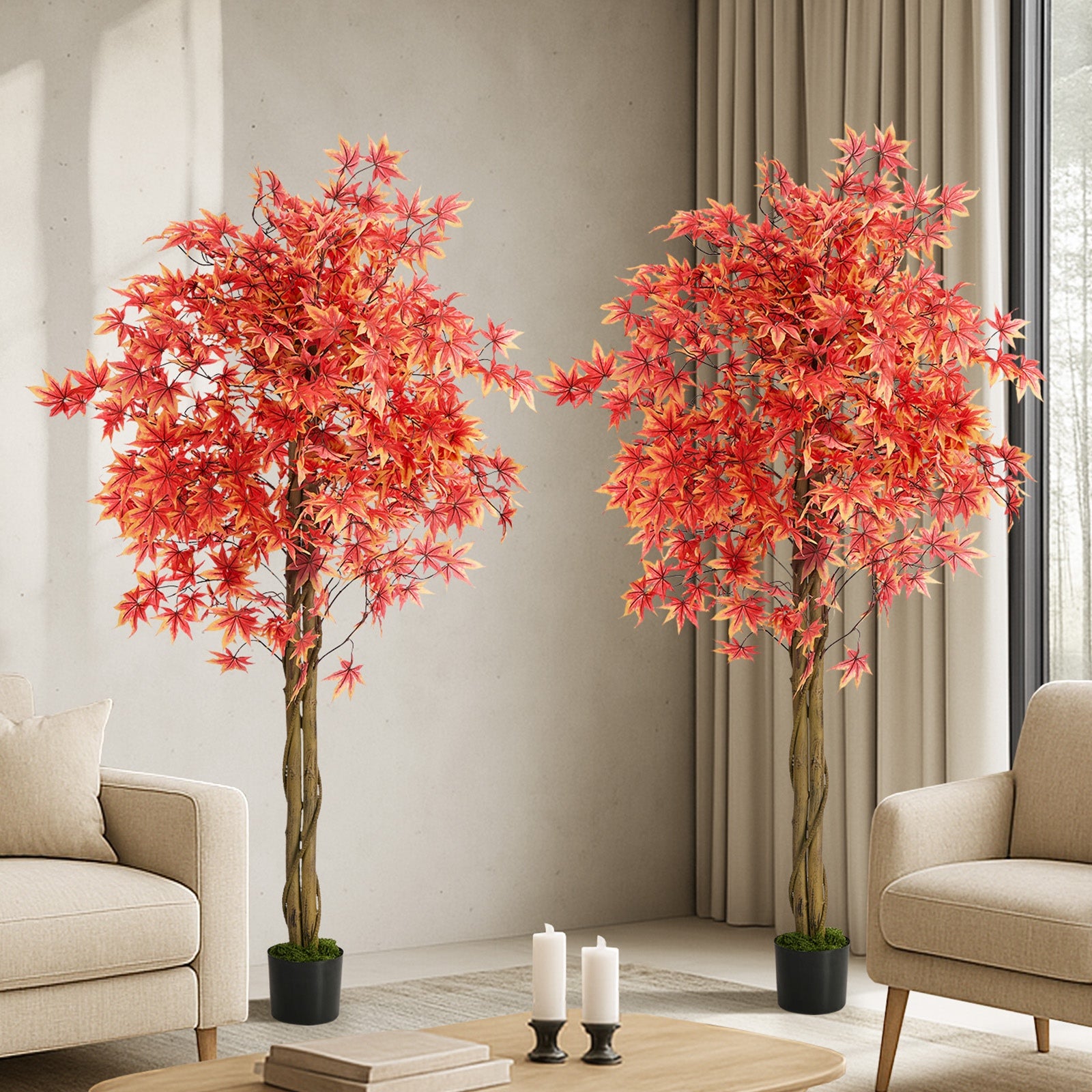 Livsip 2 Pack Artificial Red Maple Tree 180cm Potted Faux Plant Home Decor
