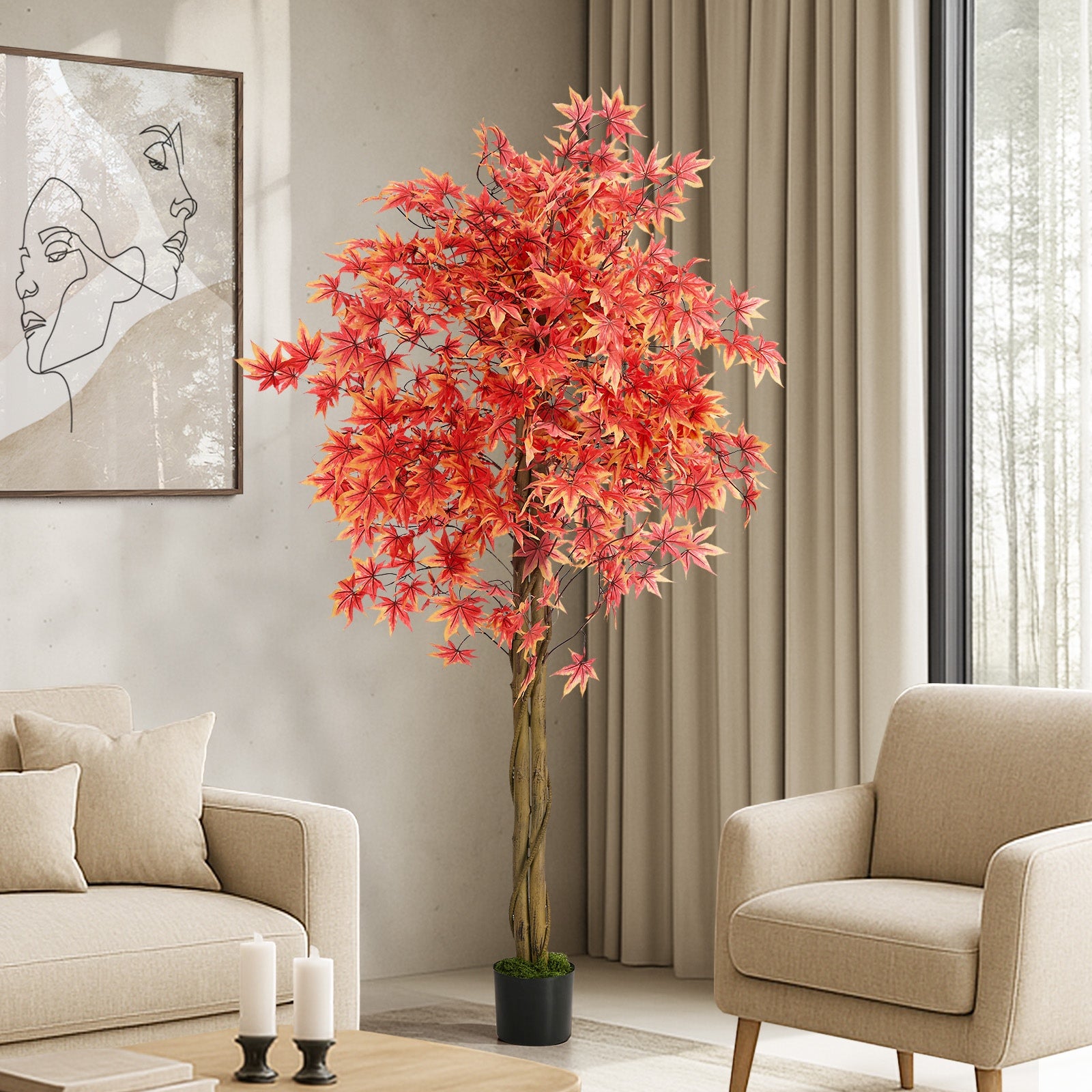 Livsip 180cm Artificial Red Maple Tree Realistic Potted Faux Plant Home Decor