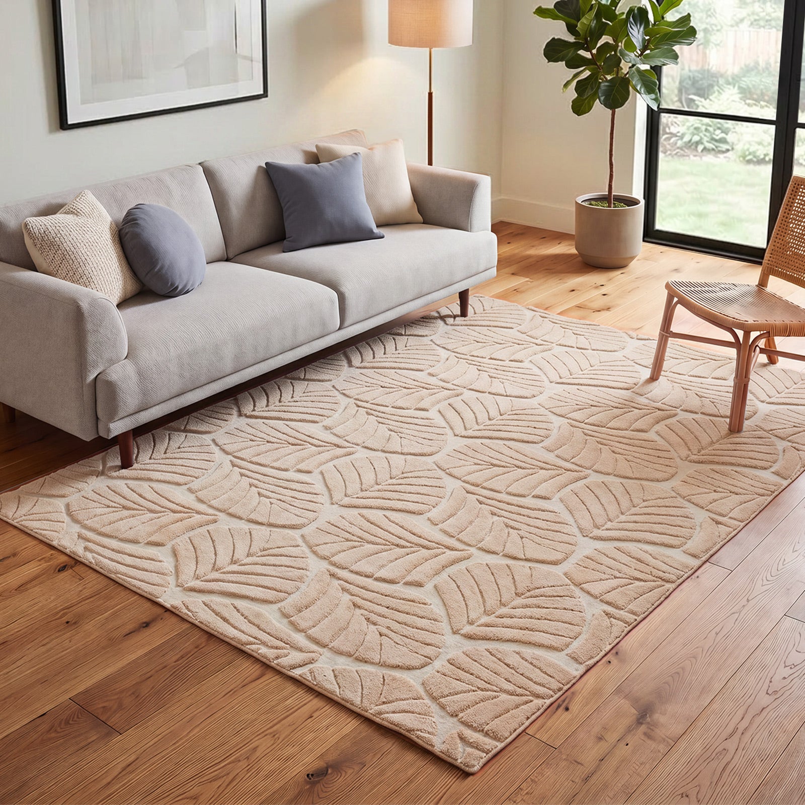 Oikiture Embossed Leaf Area Rug Jacquard Texture Floor Carpet 160X230cm Beige