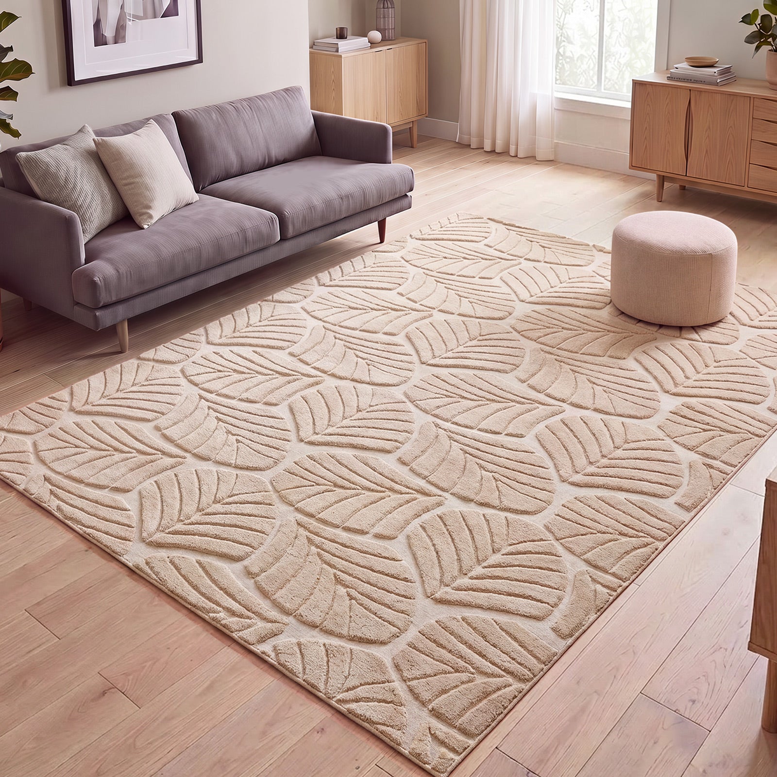 Oikiture Embossed Leaf Area Rug Jacquard Texture Floor Carpet 200X290cm Beige