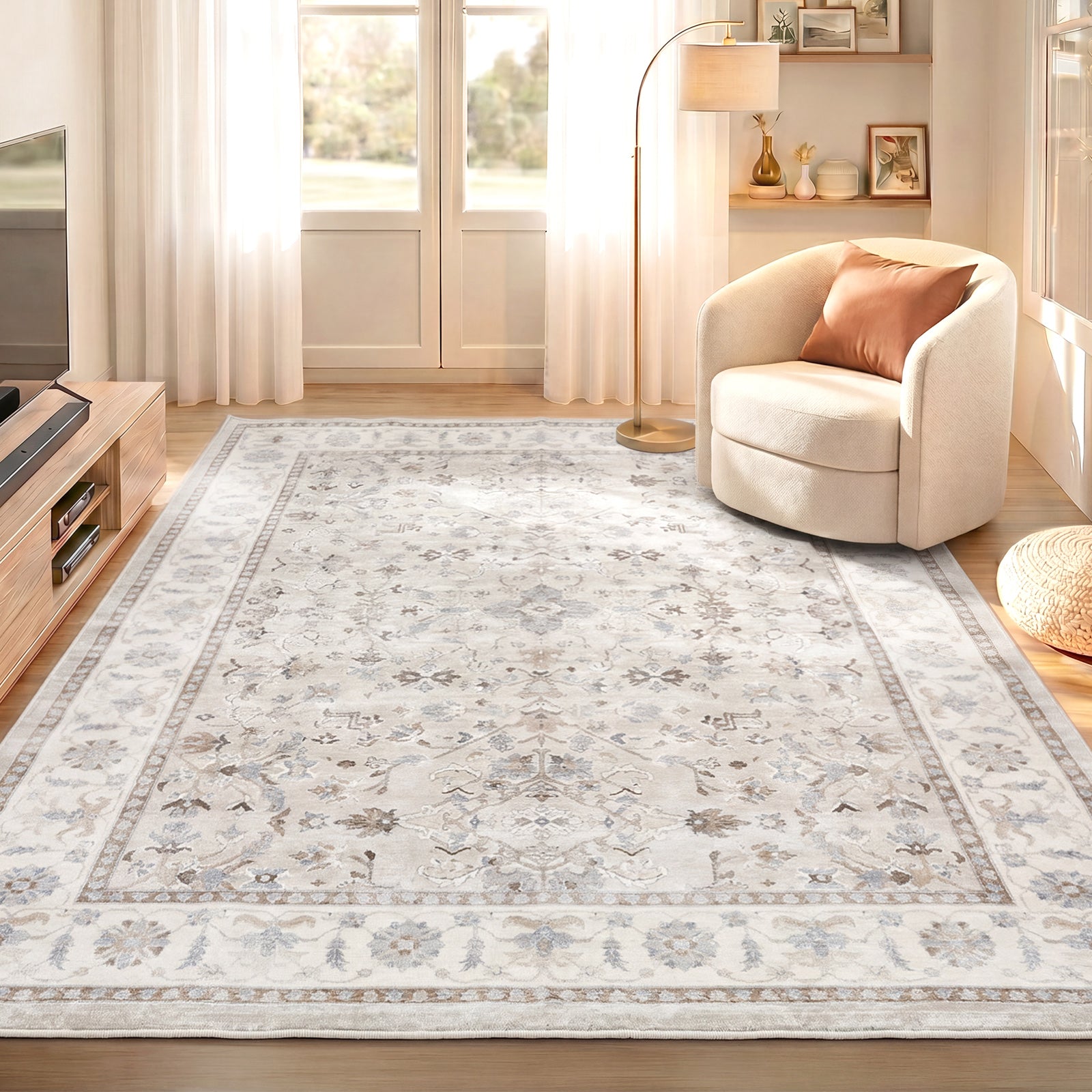 Oikiture Vintage Oriental Floral Area Rug Washable Low Pile Carpet 200X290cm
