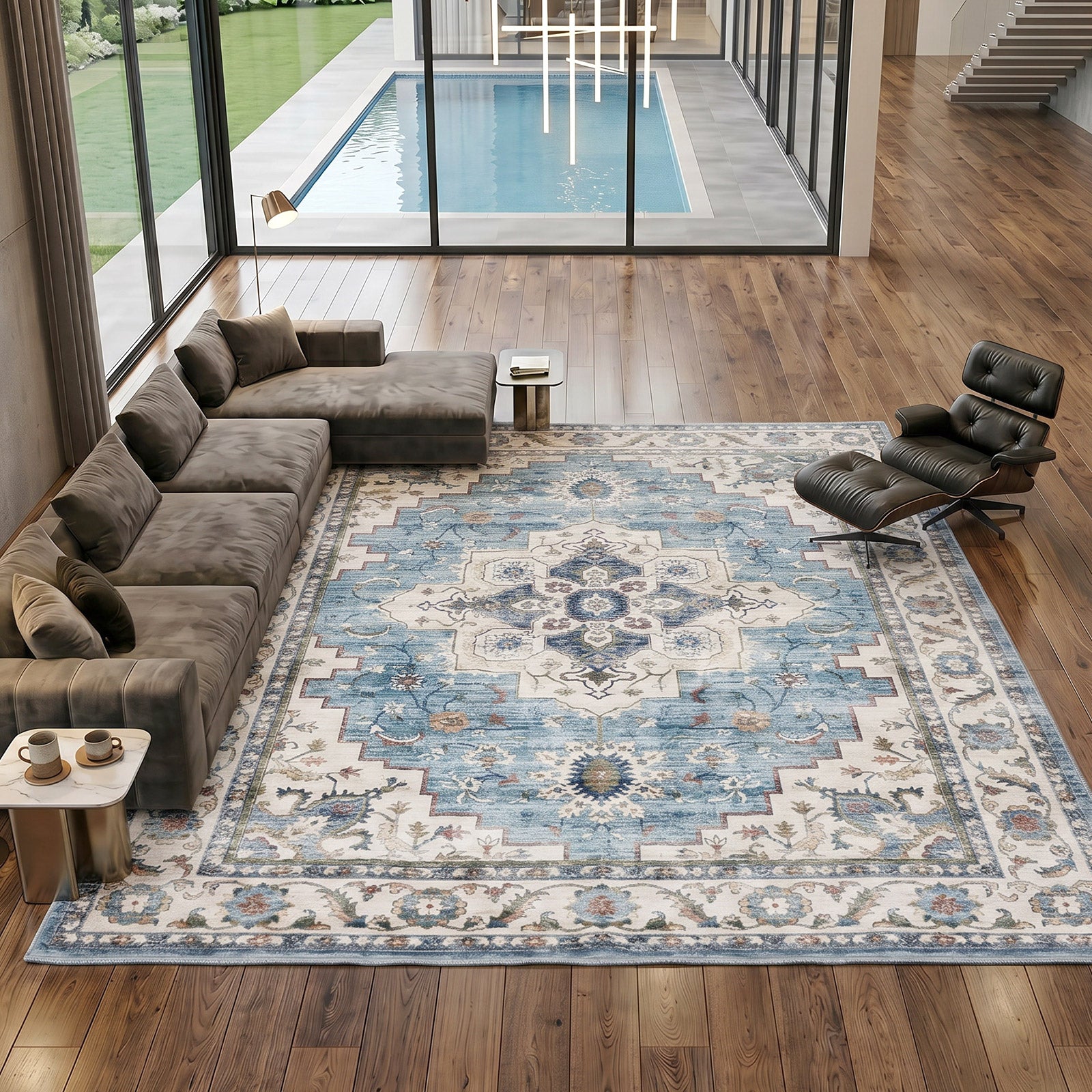 Oikiture Distressed Blue Persian Rug Washable Non Slip Floor Carpet 240X340cm