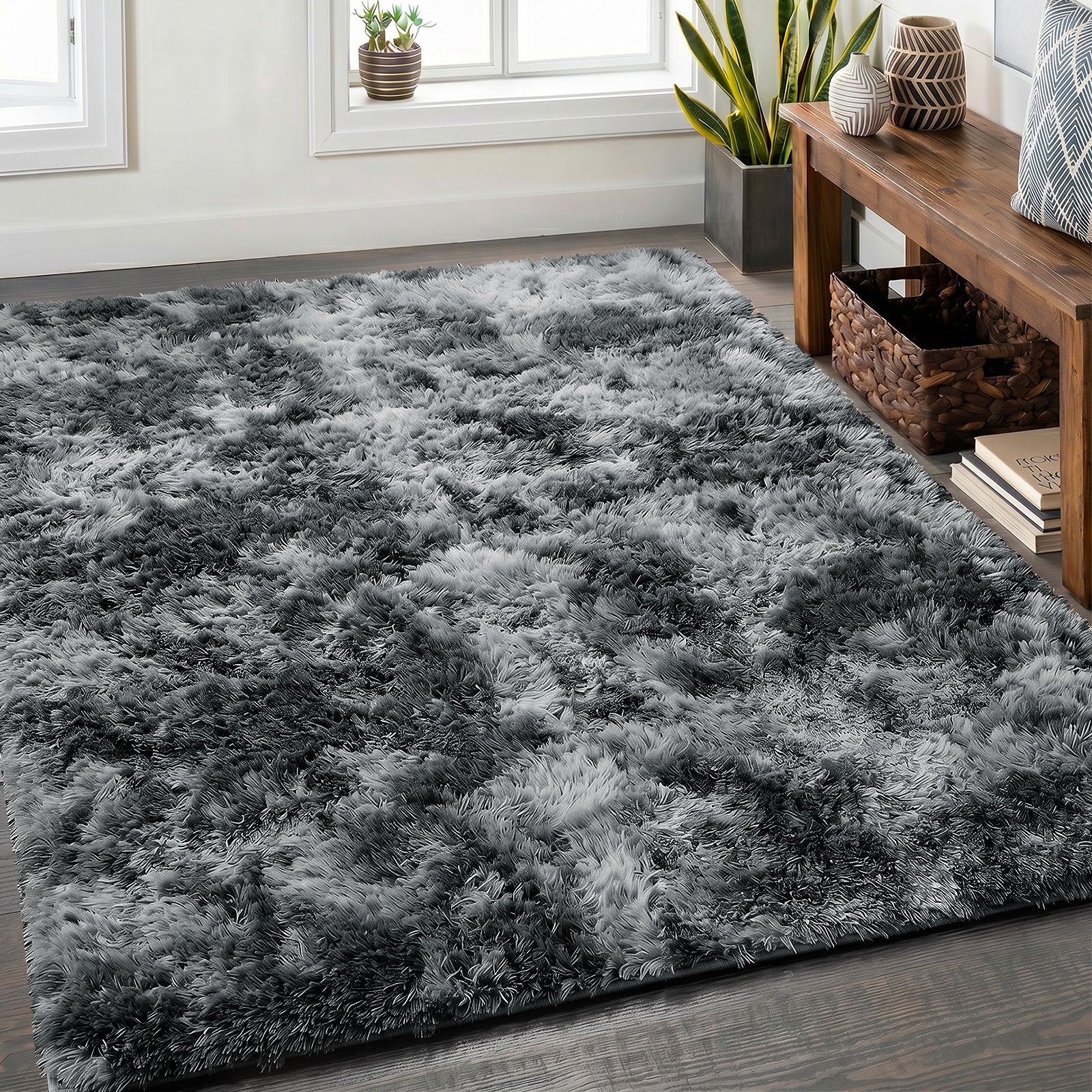 Oikiture Gradient Grey Fluffy Shag Rug Soft Plush Non Slip Floor Mat 200x290cm
