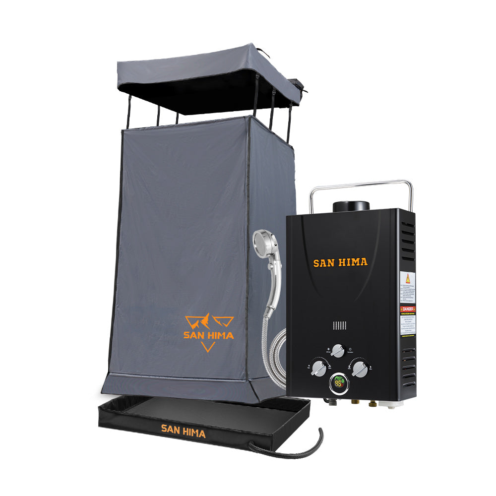 San Hima Camping Shower Tent Grey + Gas Hot Water Heater Black +Shower Tent Base - Sunyee