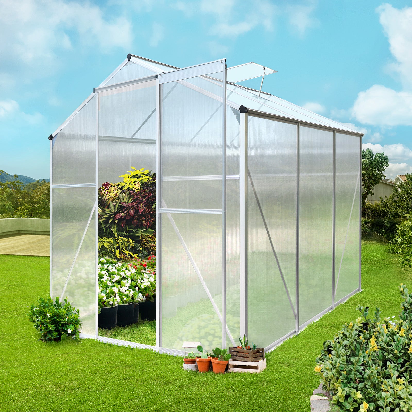 Livsip Greenhouse Aluminium Green House Garden Shed Polycarbonate Walk in 4 Size - Sunyee