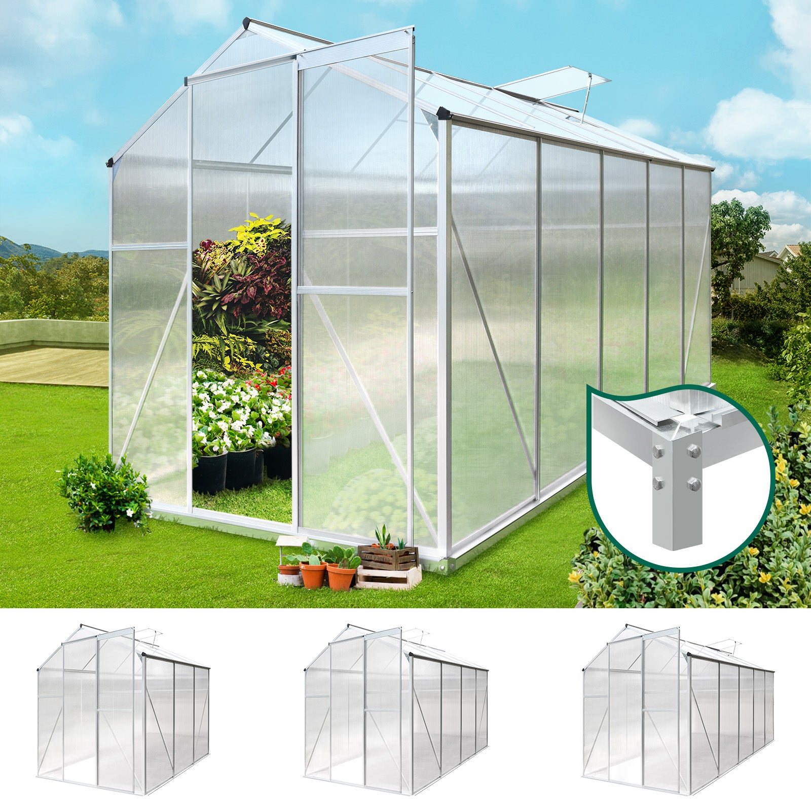 Livsip Greenhouse Aluminium Green House Garden Shed Polycarbonate Walk in 4 Size - Sunyee