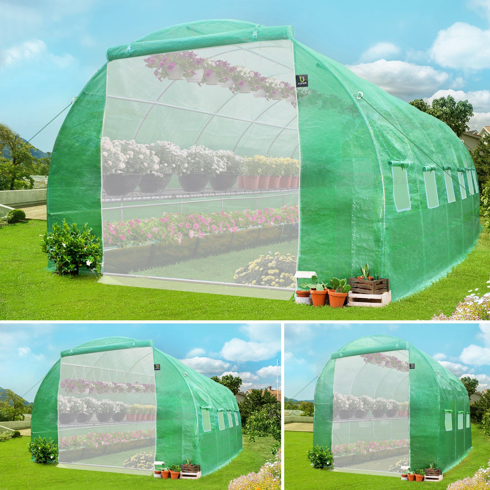 Livsip Greenhouse 6M/4M/3M Walk in Garden Shed Tunnel Green House Storage Plant - Sunyee