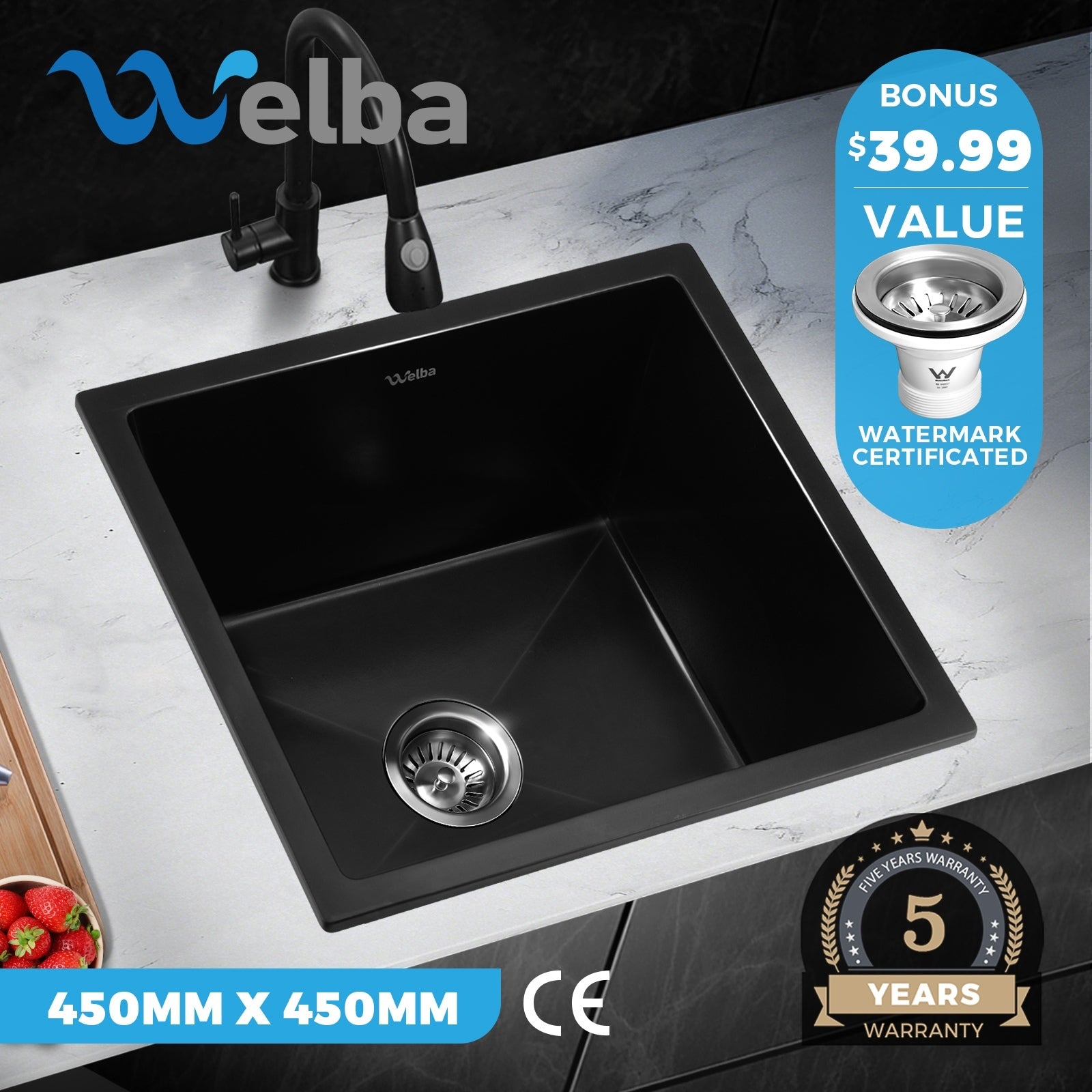 Welba Kitchen Sink Stone Sink Granite Laundry Basin Single Bowl 45cmx45cm Black - Sunyee
