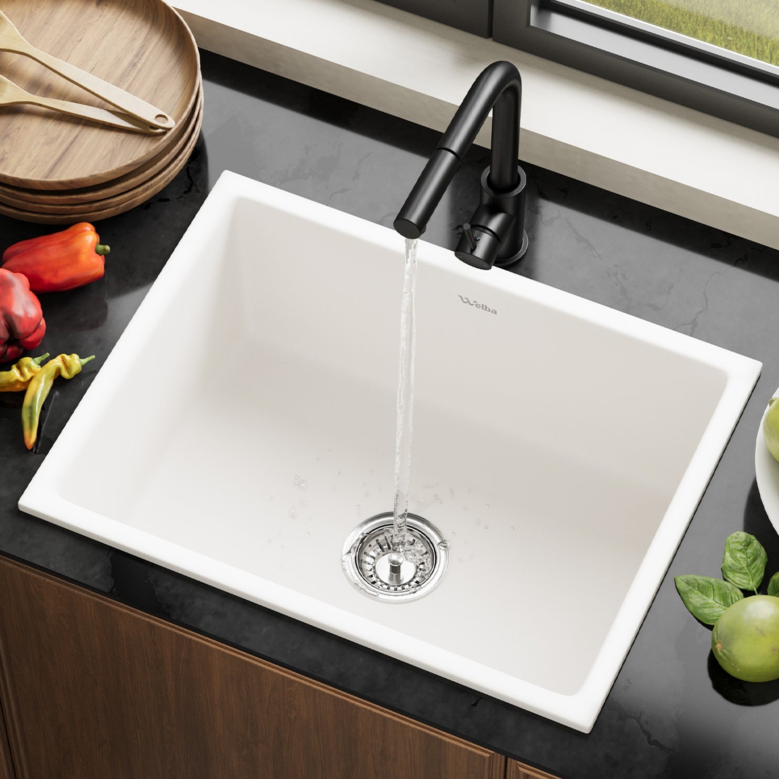 Welba Kitchen Sink Basin with Mixer Tap 59cmx45cm Granite Stonk Faucet White - Sunyee