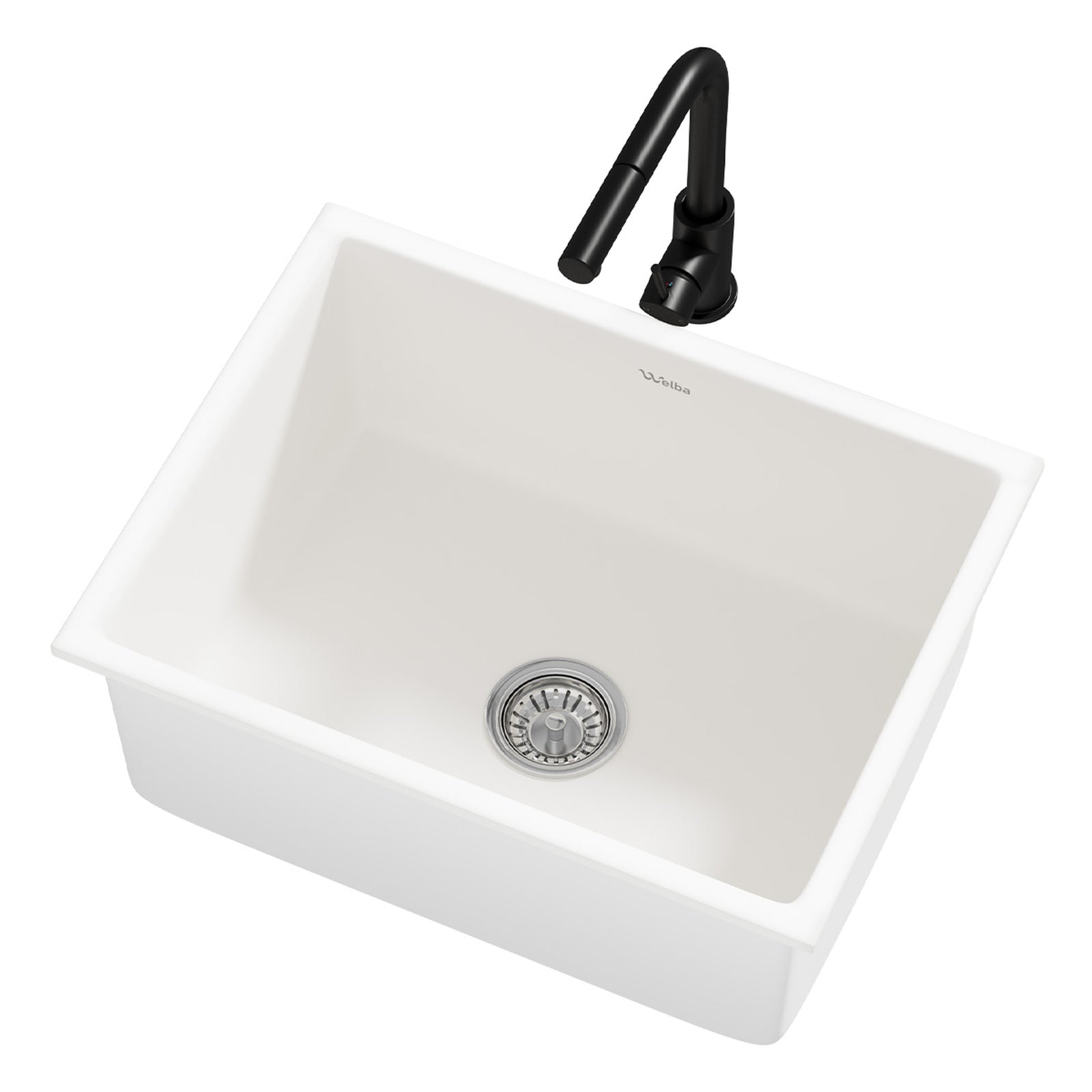 Welba Kitchen Sink Basin with Mixer Tap 59cmx45cm Granite Stonk Faucet White - Sunyee