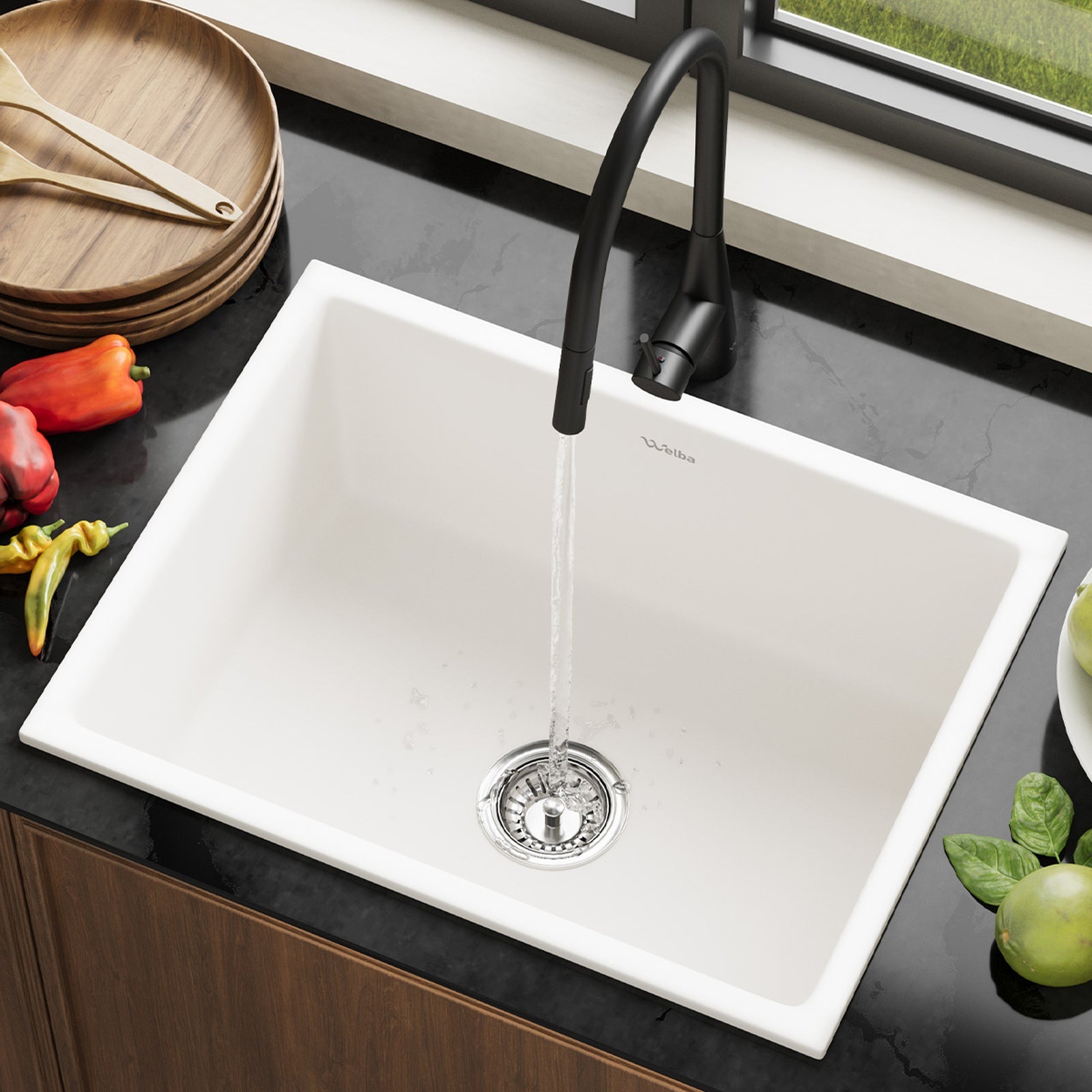 Welba Kitchen Sink Basin Granite Stonk with Mixer Tap Faucet 59cmx45cm White - Sunyee