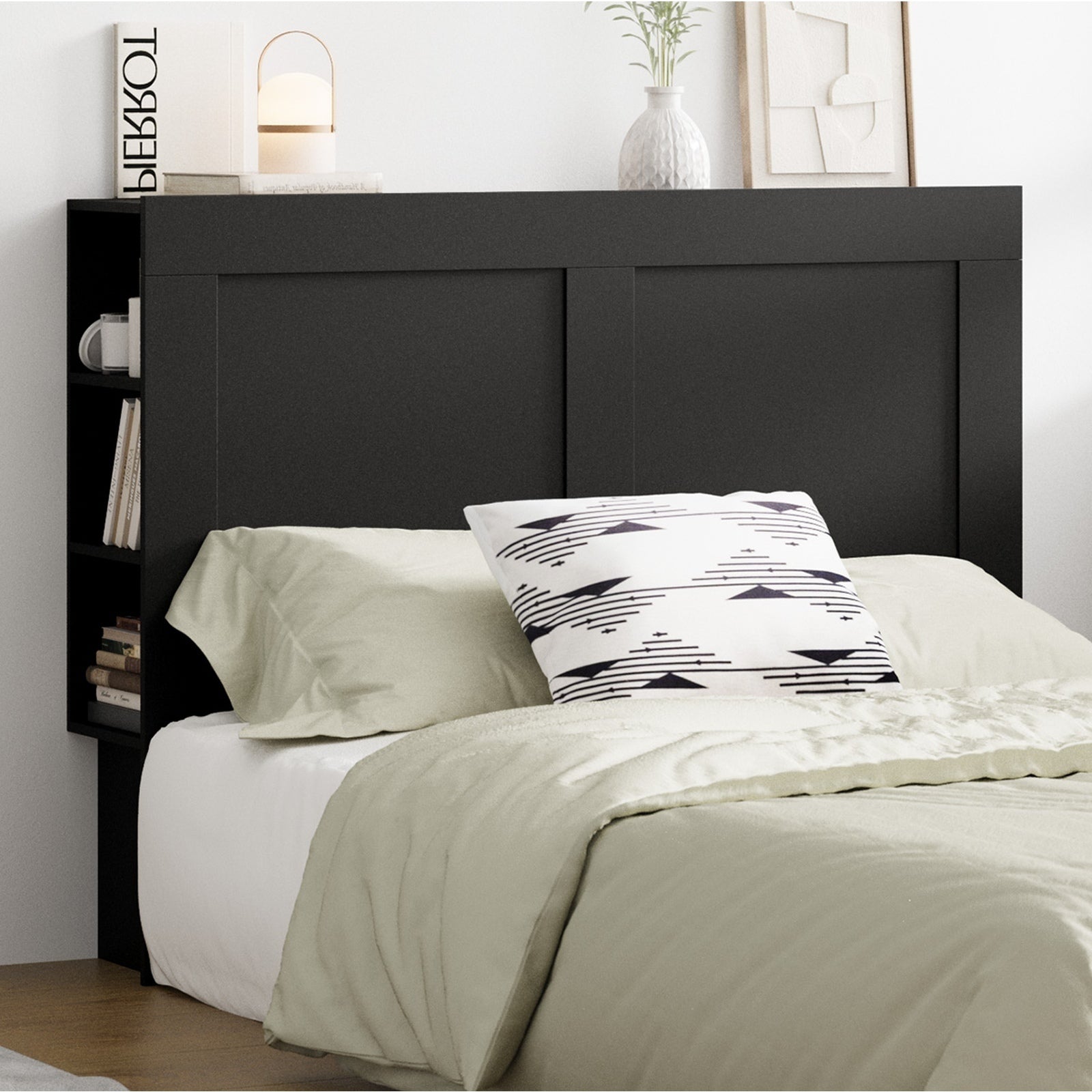 Oikiture Headboard Bed Head Double Size Bedhead with Storage Shelves Black - Sunyee