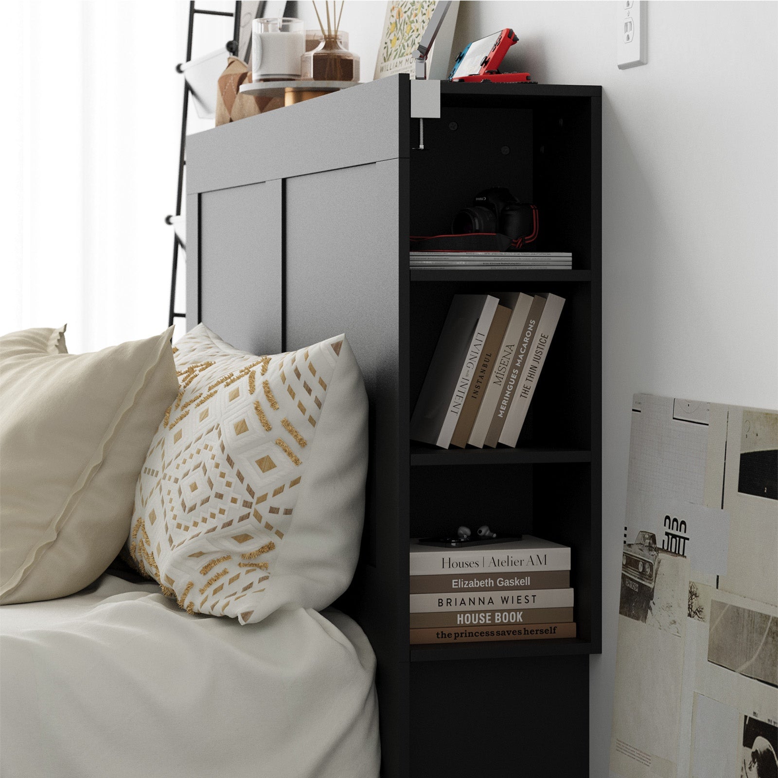 Oikiture Headboard Bed Head Double Size Bedhead with Storage Shelves Black - Sunyee