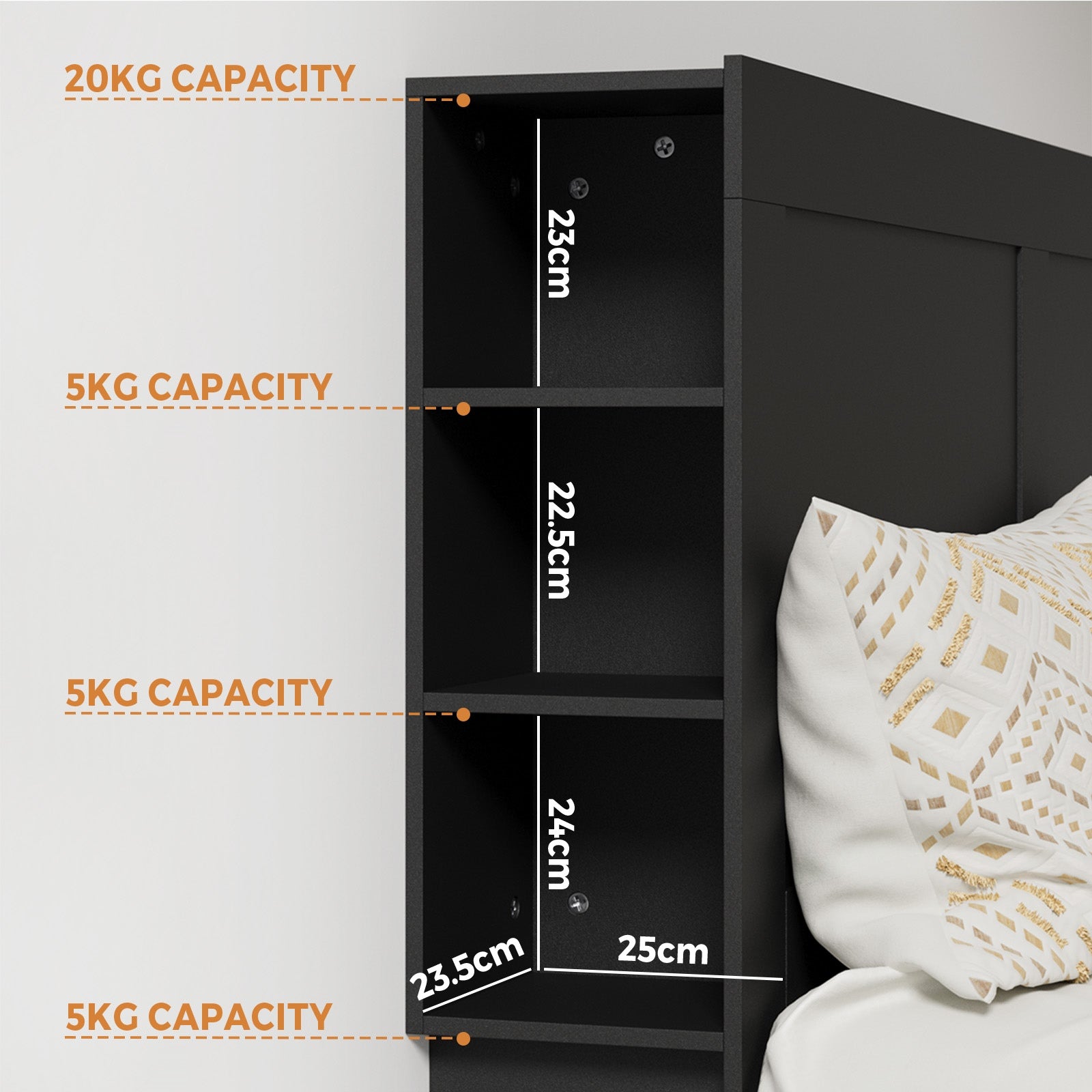 Oikiture Headboard Bed Head Double Size Bedhead with Storage Shelves Black - Sunyee