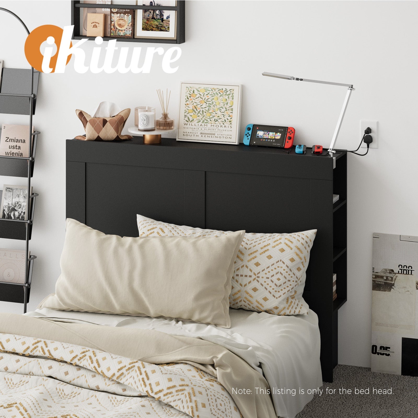 Oikiture Headboard Bed Head Double Size Bedhead with Storage Shelves Black - Sunyee