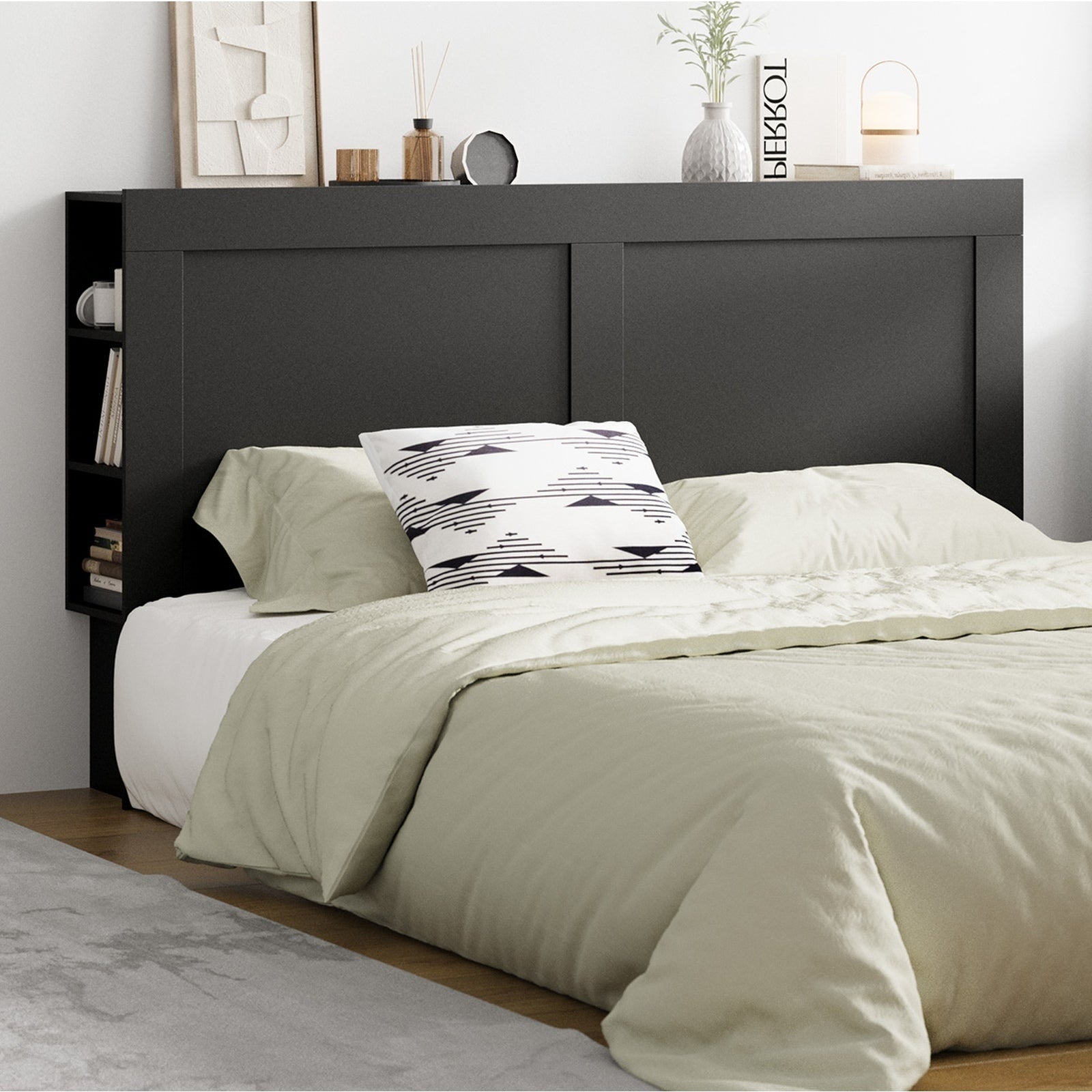 Oikiture Headboard Bed Head King Size Bedhead with Storage Shelves Black - Sunyee