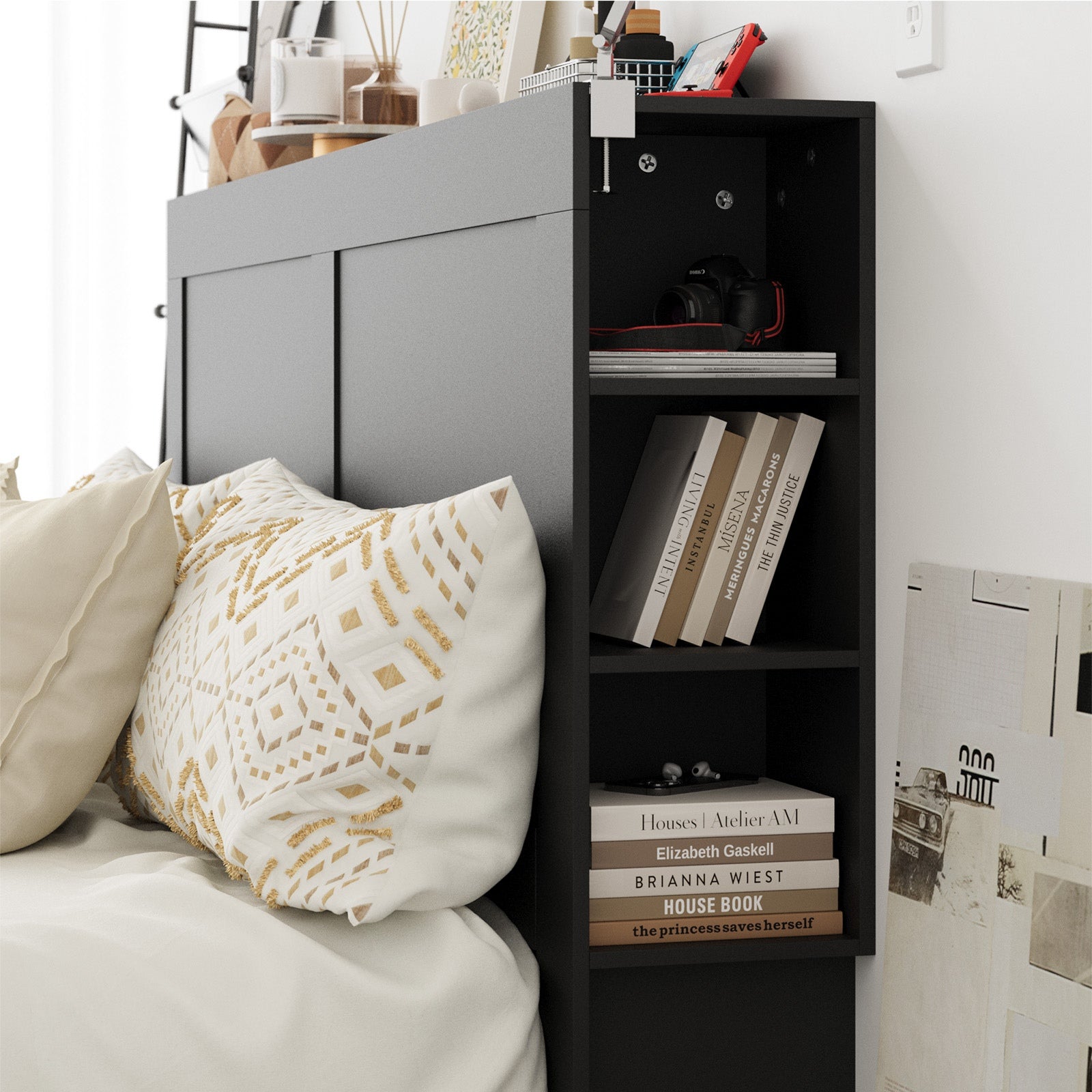 Oikiture Headboard Bed Head King Size Bedhead with Storage Shelves Black - Sunyee