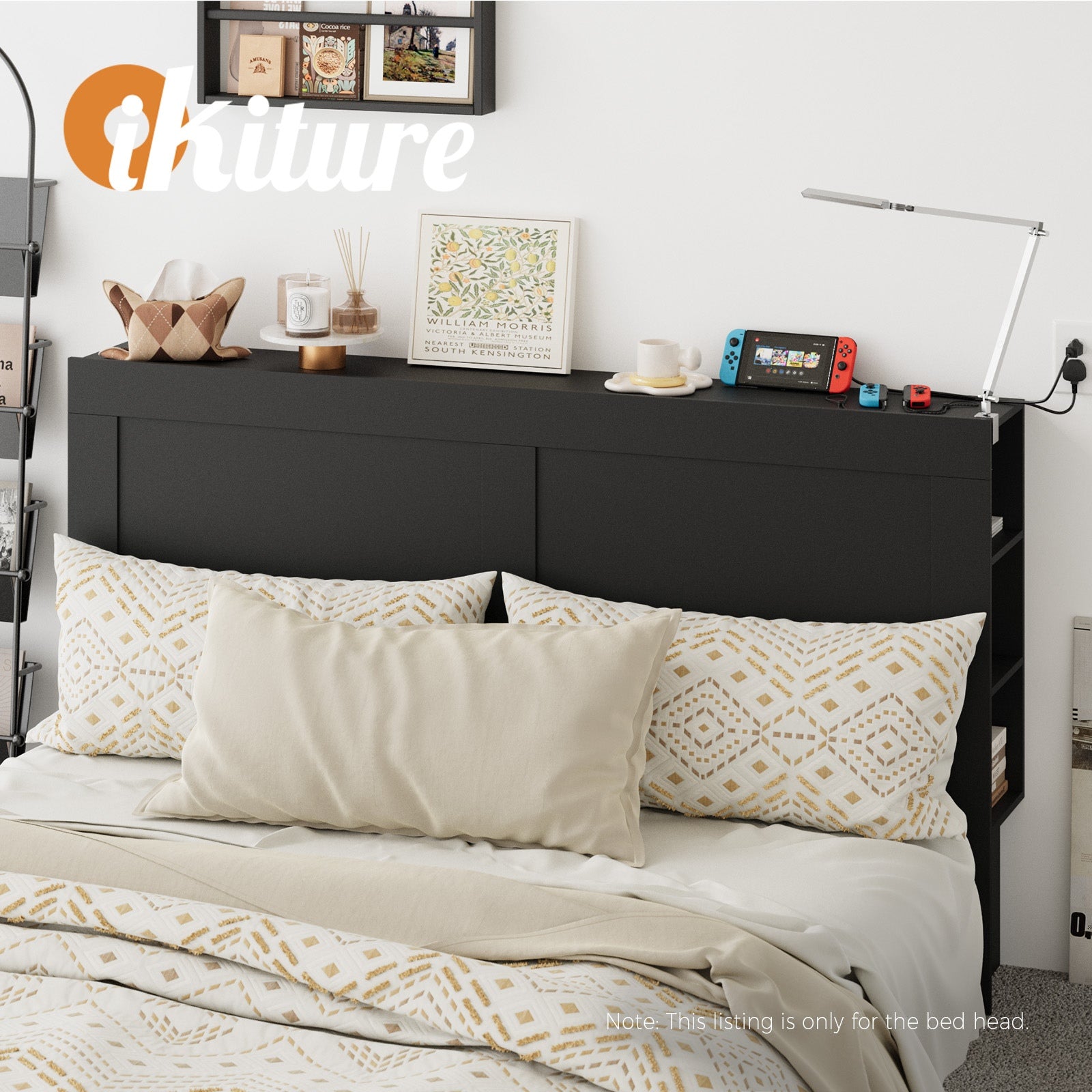 Oikiture Headboard Bed Head King Size Bedhead with Storage Shelves Black - Sunyee