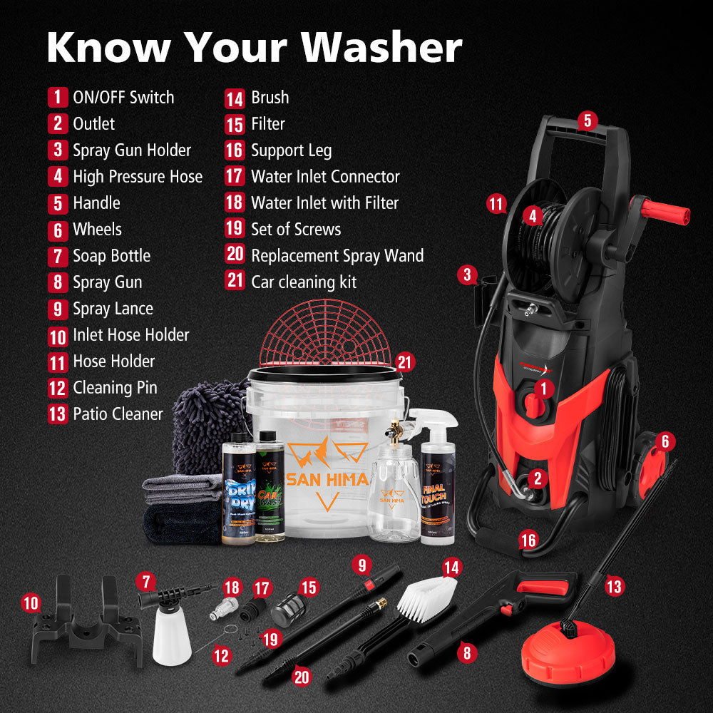2700W Peak High Pressure Washer Cleaner 4200PSI Red + 10PCS Car Cleaning Kit - Sunyee