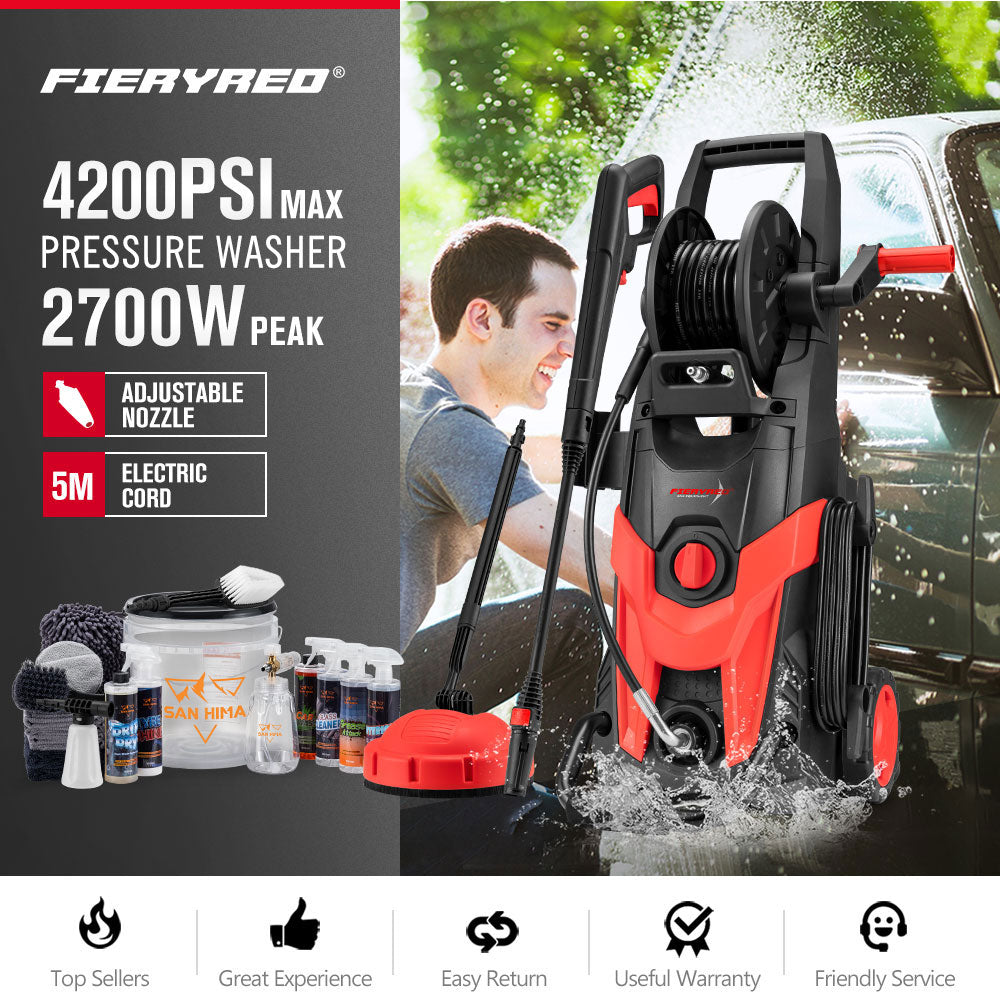 2700W Peak High Pressure Washer Cleaner 4200PSI Red + 18PCS Car Cleaning Kit - Sunyee