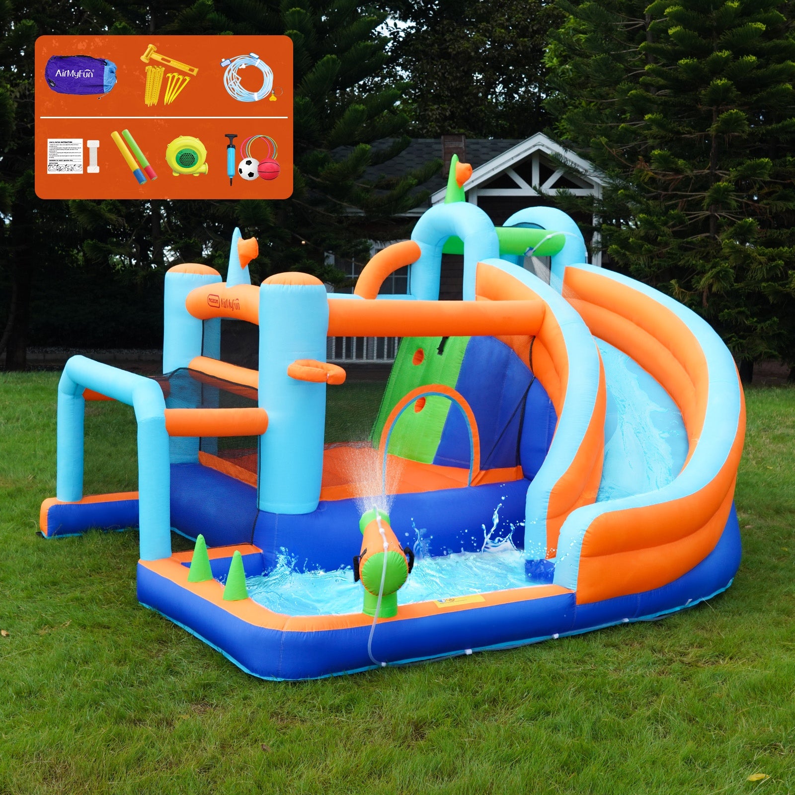 AirMyFun 9-IN-1 Inflatable Water Park Jumping Castle Soccer Goalpost Blower - Sunyee