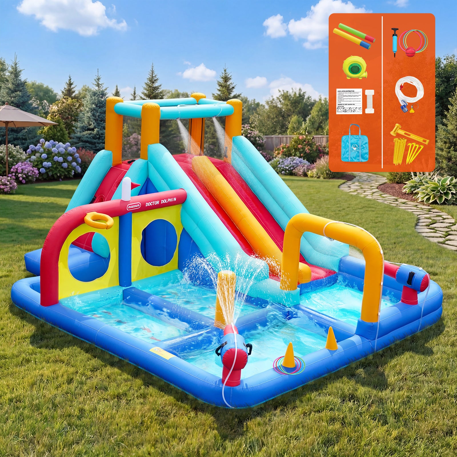 Doctor Dolphin 10-IN-1 Inflatable Water Park Jumping Castle Dual Slides Blower - Sunyee