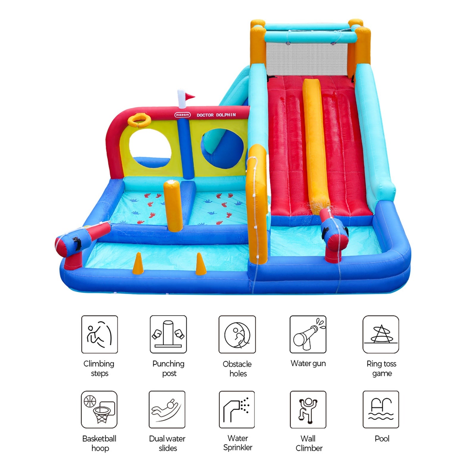 Doctor Dolphin 10-IN-1 Inflatable Water Park Jumping Castle Dual Slides Blower - Sunyee