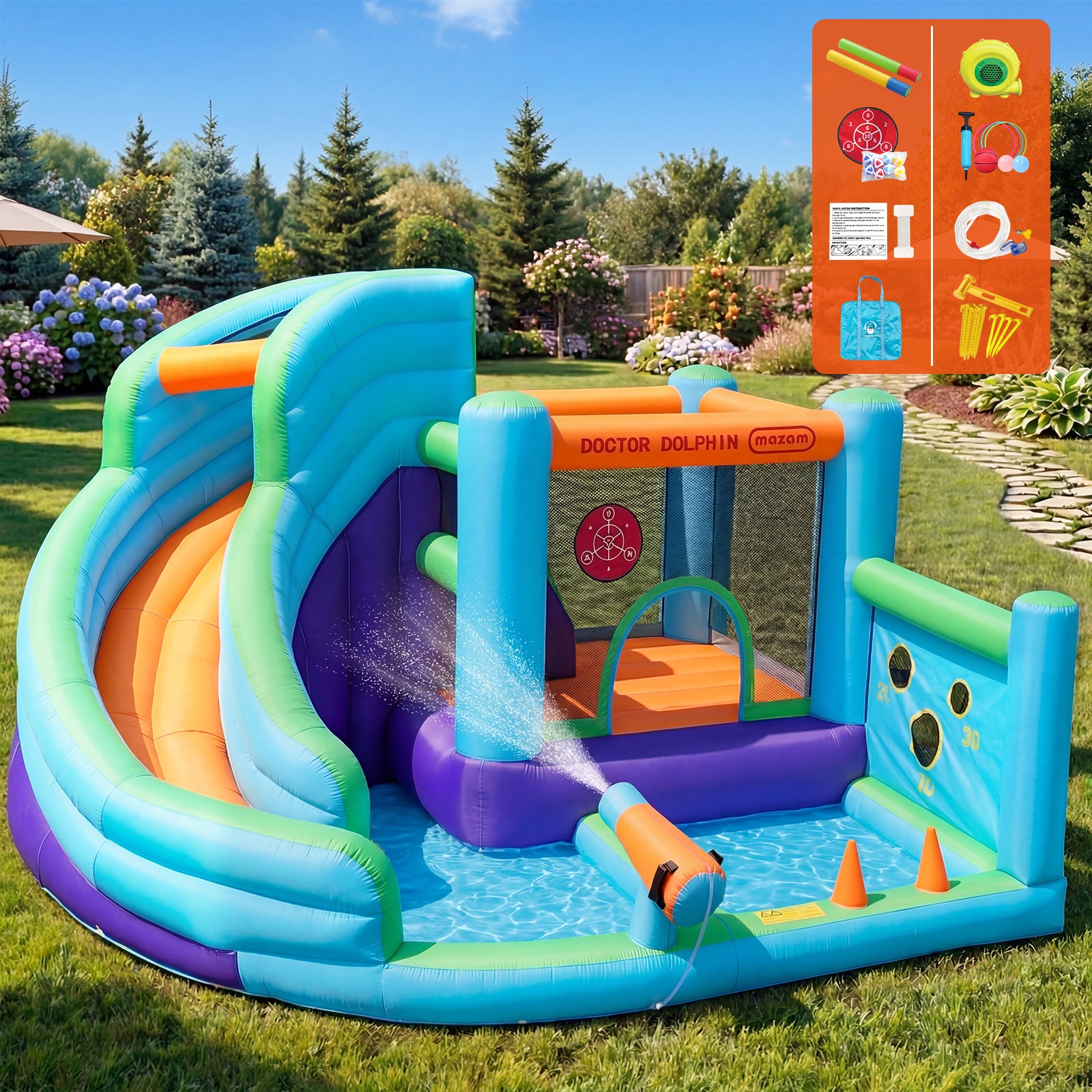 Doctor Dolphin 10-IN-1 Inflatable Water Park Jumping Castle Bounce Pool Blower - Sunyee