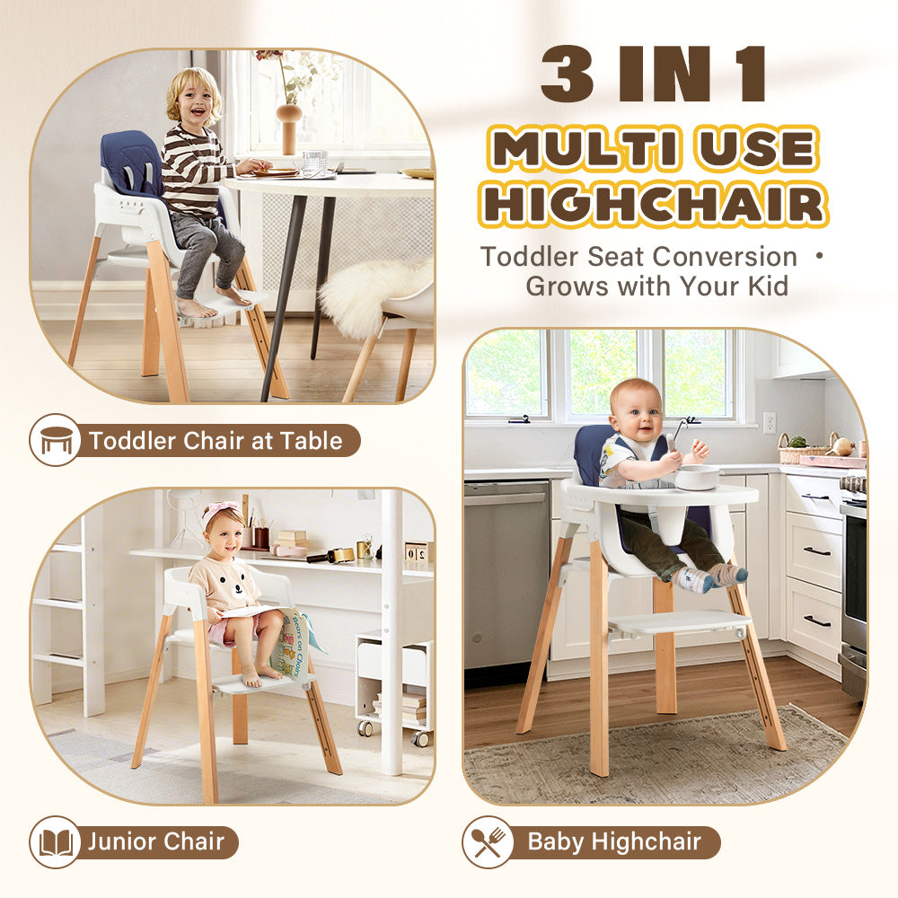 PlayPals Baby High Chair 3-In-1 Beech Wood Adjustable Height & Tray - Sunyee