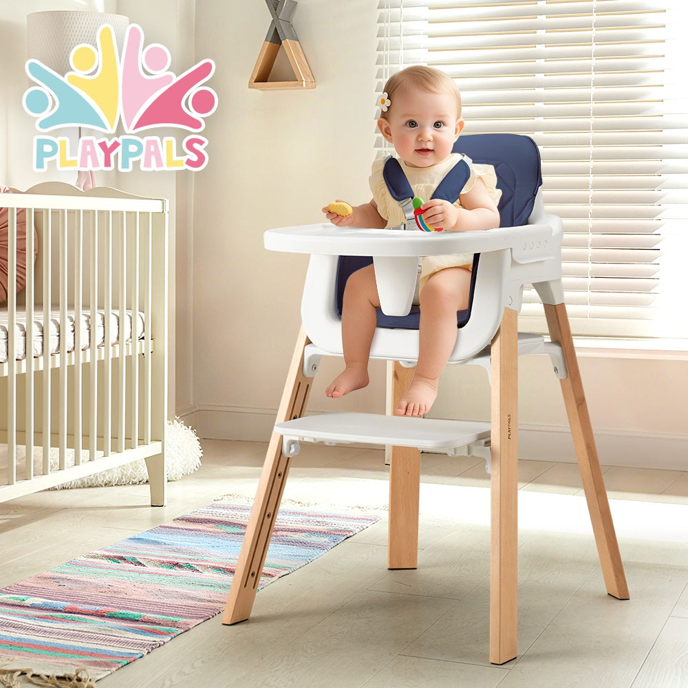 PlayPals Baby High Chair 3-In-1 Beech Wood Adjustable Height & Tray - Sunyee
