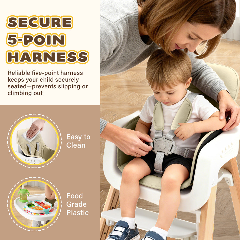 PlayPals Baby High Chair 3-In-1 Beech Wood Adjustable Height & Tray - Sunyee