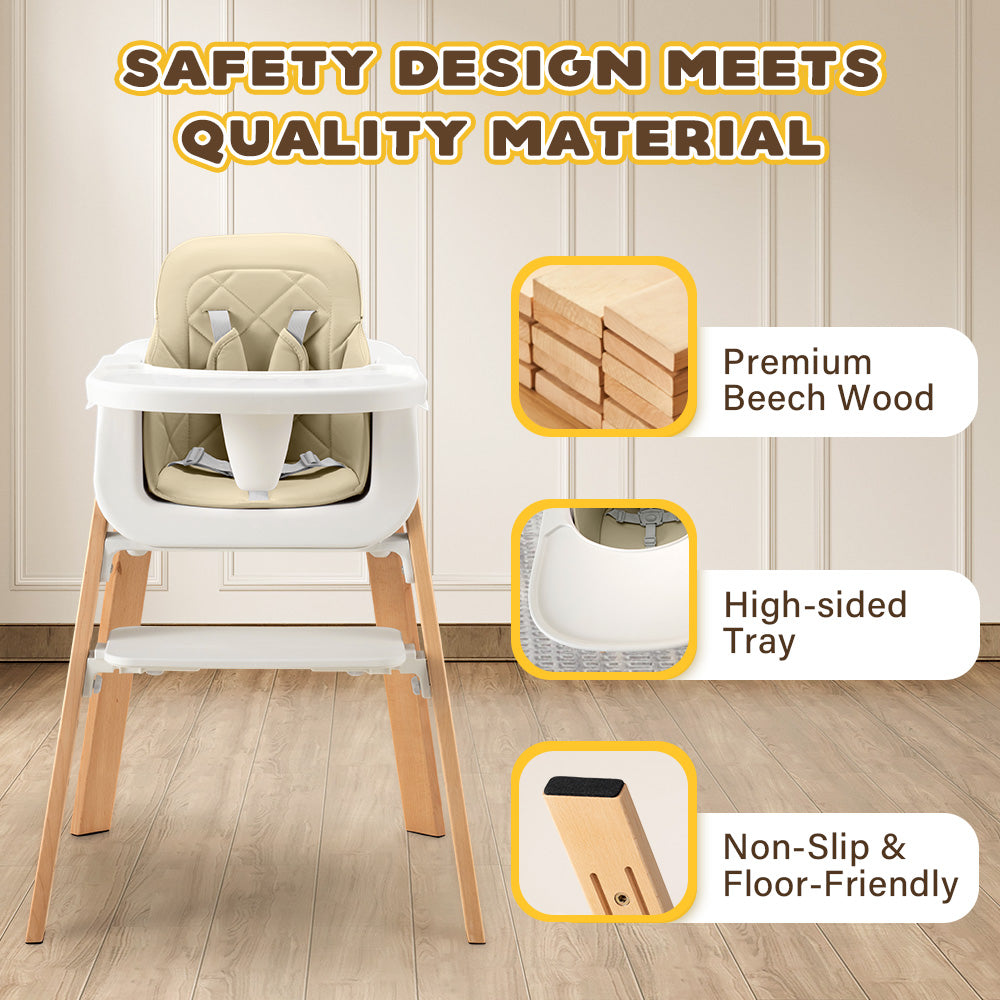 PlayPals Baby High Chair 3-In-1 Beech Wood Adjustable Height & Tray - Sunyee