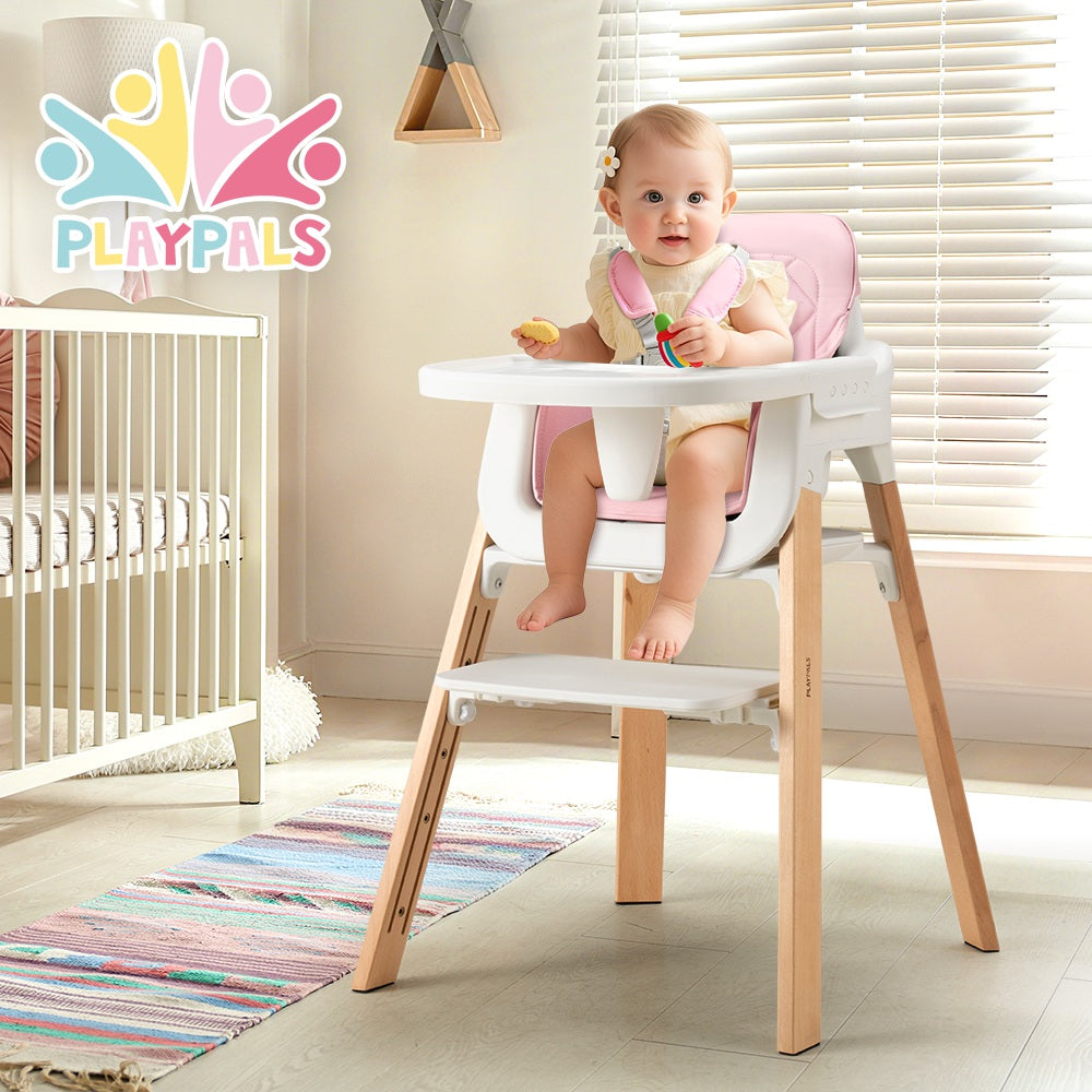 PlayPals Baby High Chair 3-In-1 Beech Wood Adjustable Height & Tray - Sunyee