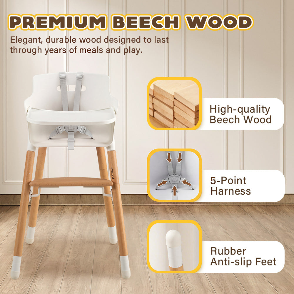 PlayPals Baby High Chair Beech Wood 2 Height Modes Adjustable Footrest