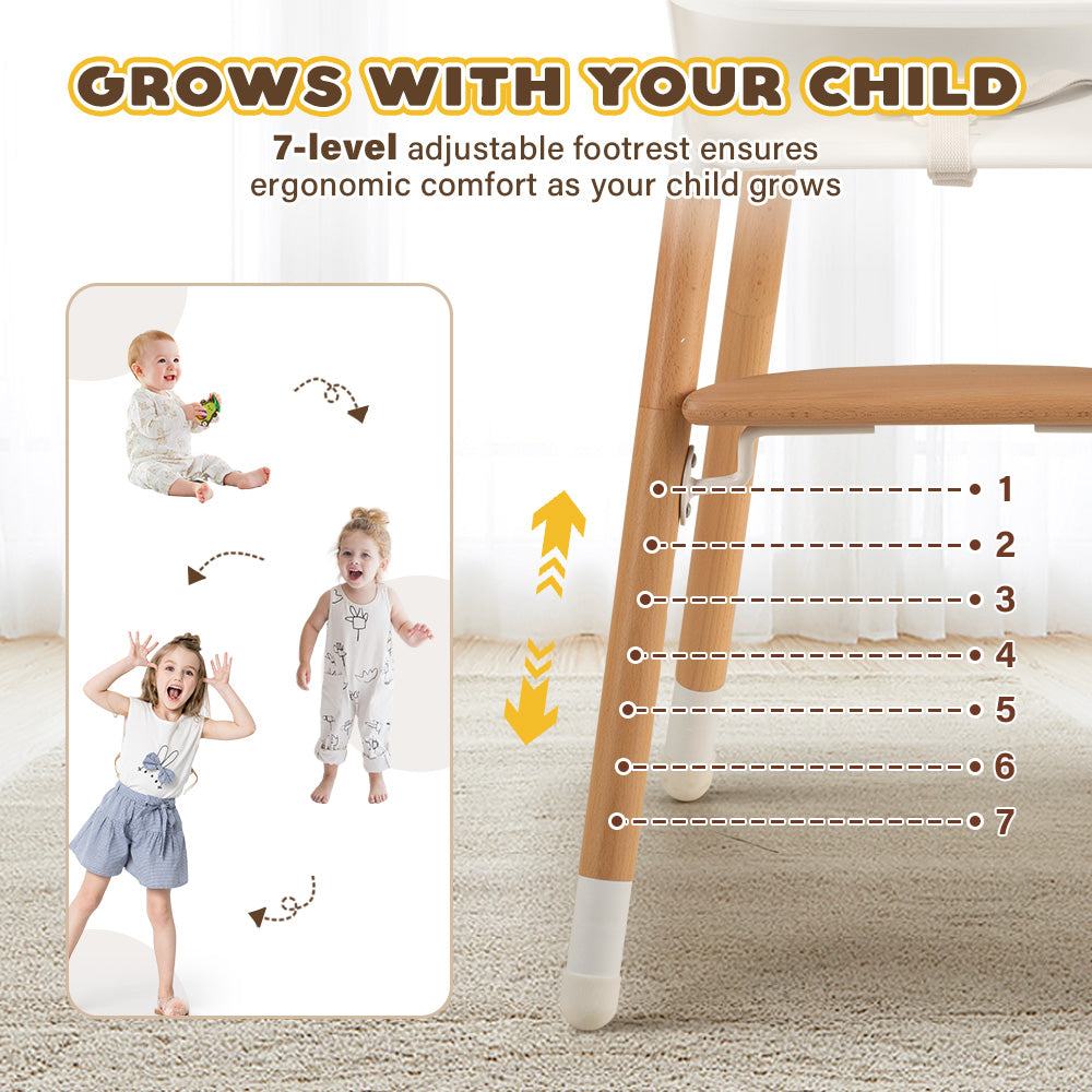 PlayPals Baby High Chair Beech Wood 2 Height Modes Adjustable Footrest - Sunyee