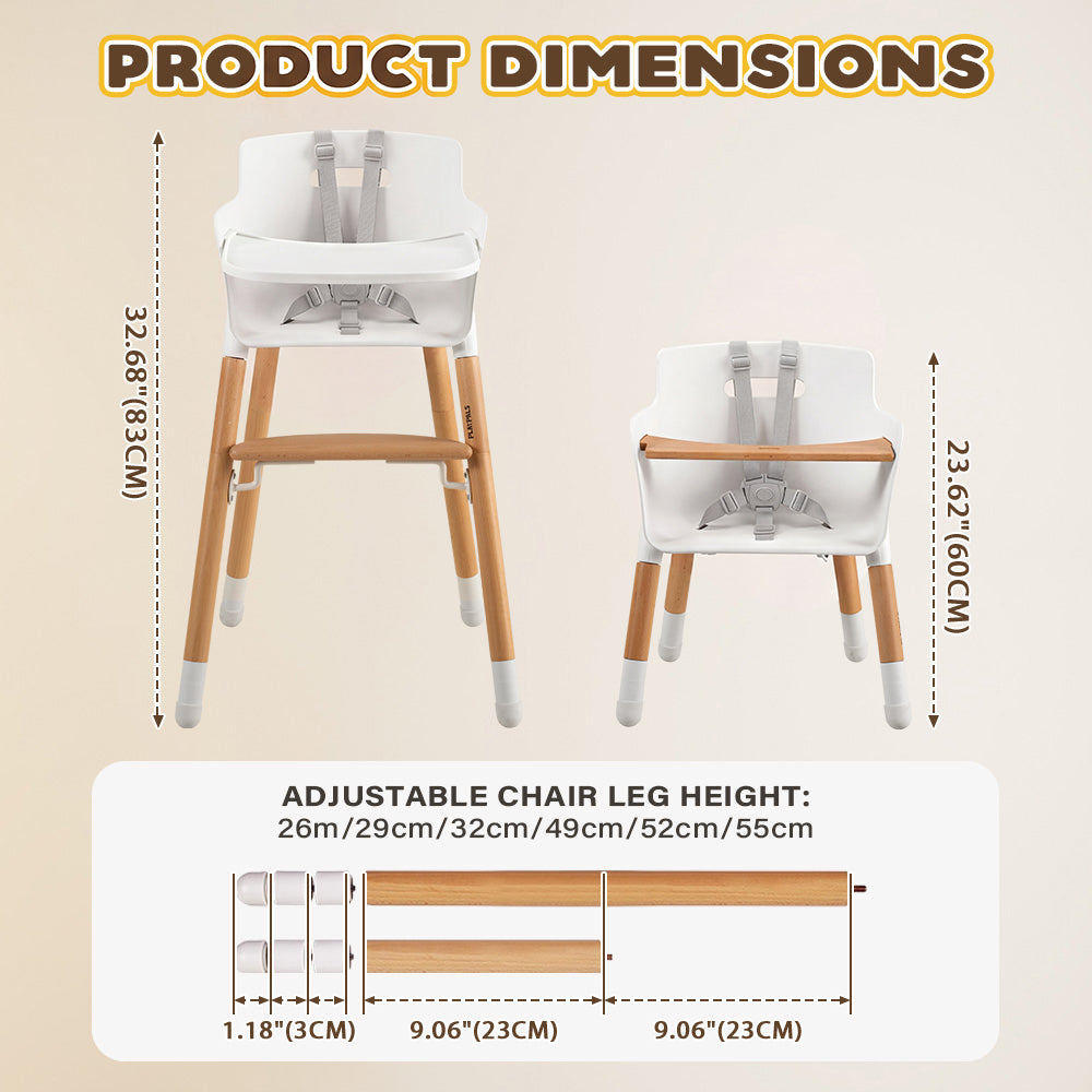 PlayPals Baby High Chair Beech Wood 2 Height Modes Adjustable Footrest