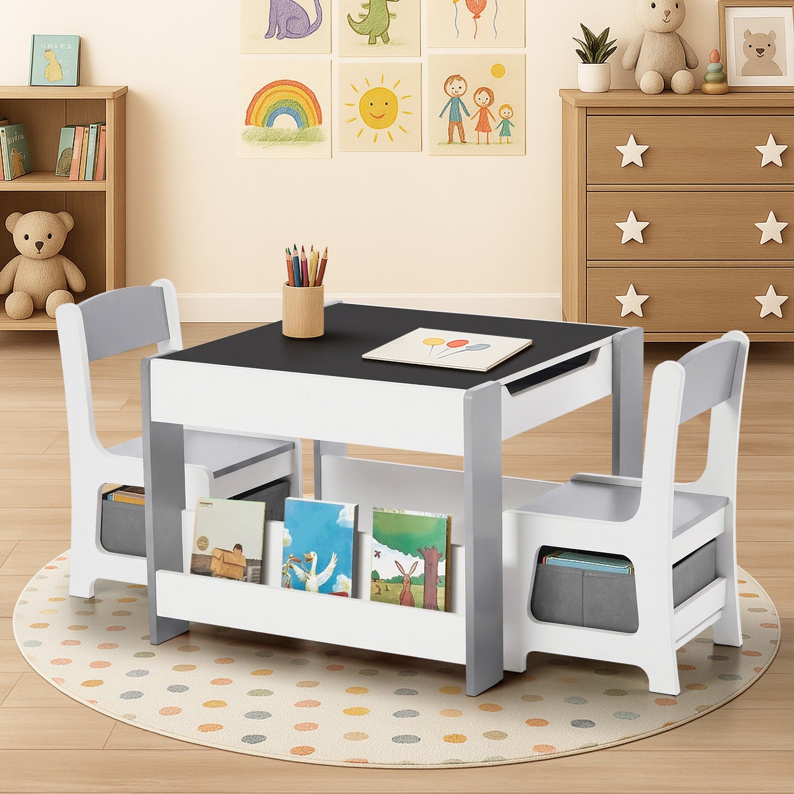 Oikiture Kids Table and Chairs Set Chalkboard Drawing Toys Storage Grey
